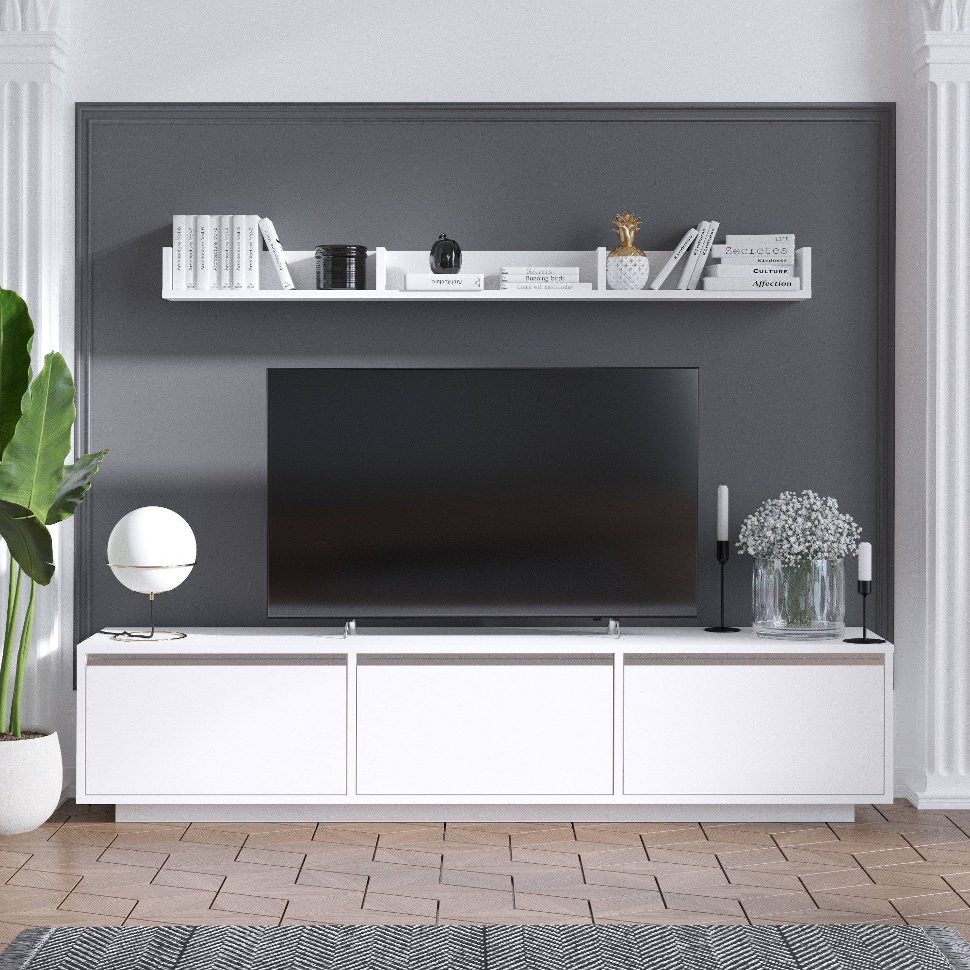 Móvel de TV moderno branco com prateleira de parede, 180 cm x 35 cm x 30 cm | Painel de partículas 100% revestido em melamina, 18 mm de espessura | Design elegante e funcional para salas de estar