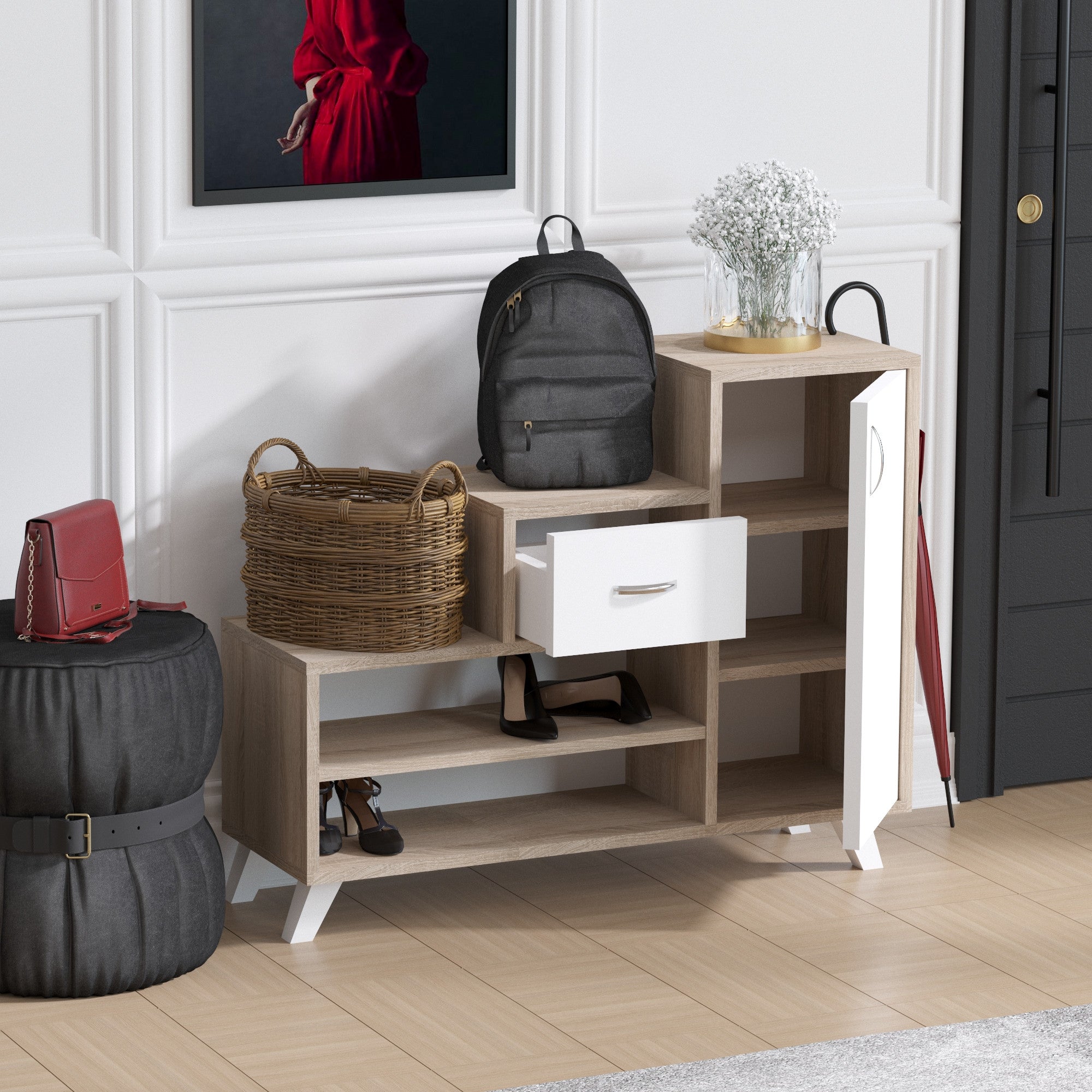 Sapateira moderna, pinho atlântico e branco, 90 x 77 x 33 cm | Painel de partículas 100% revestido em melamina, 18 mm de espessura | Montável na parede, design elegante e funcional