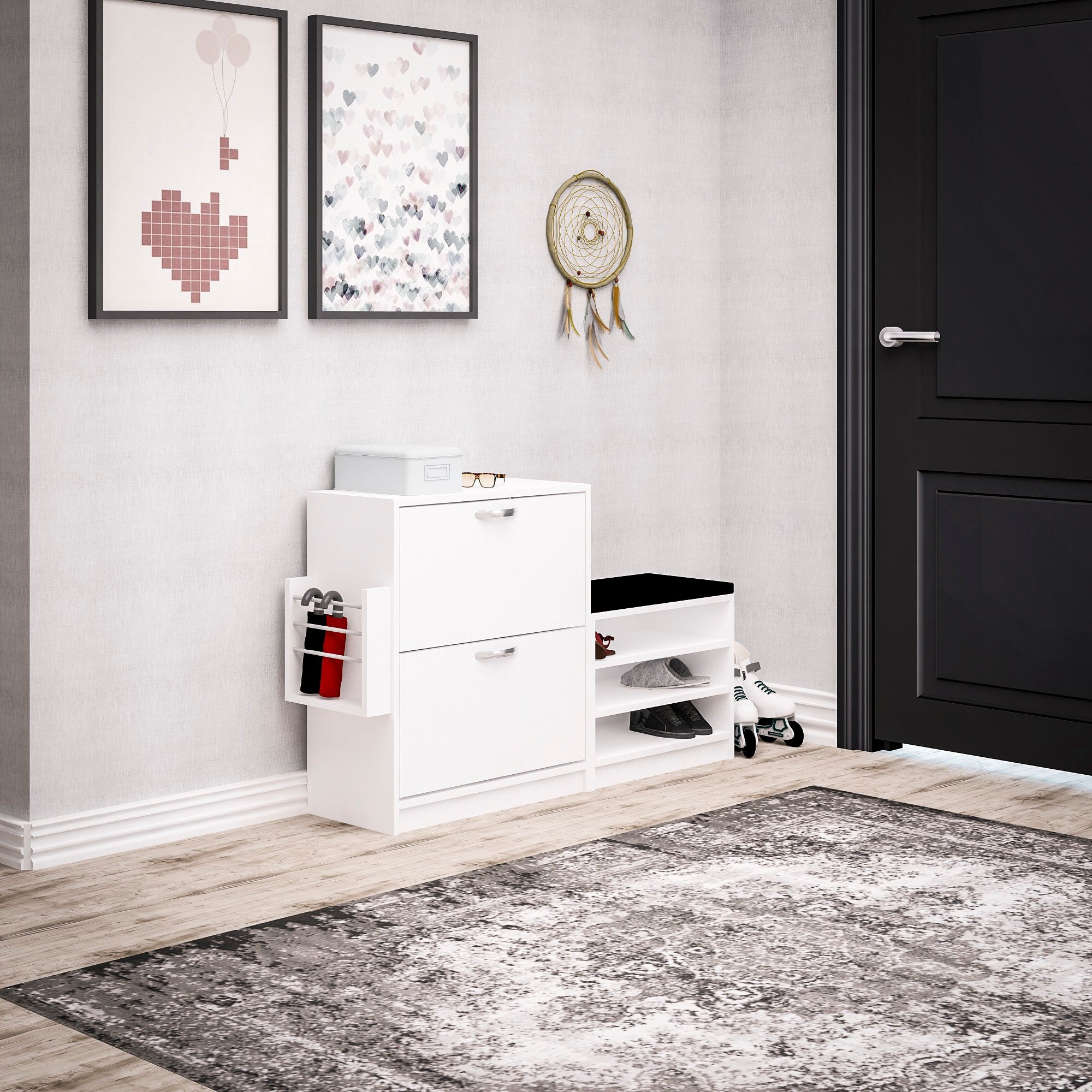 Sapateira moderna branca, 130 cm x 80 cm x 31 cm | Painel de partículas 100% revestido em melamina, 18 mm de espessura | Montável na parede com inúmeras prateleiras
