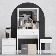 Penteadeira moderna com espelho, branca, 65 x 139 x 35 cm | 100% revestida em melamina, 18 mm de espessura | Inclui mesa de cabeceira e cadeira, design para montagem na parede