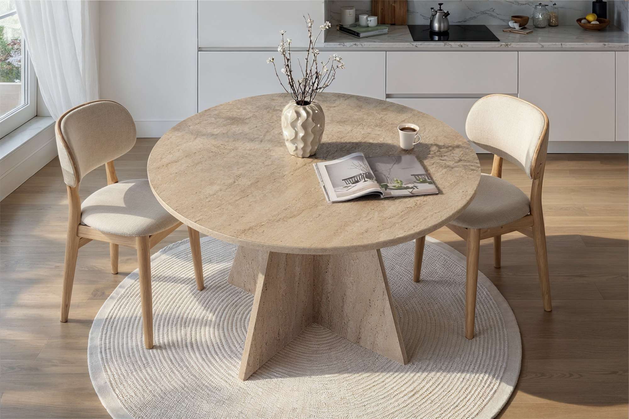 Mesa de Jantar Quadrada 120x120cm em Travertino - Revestimento Melamínico Resistente e Elegante