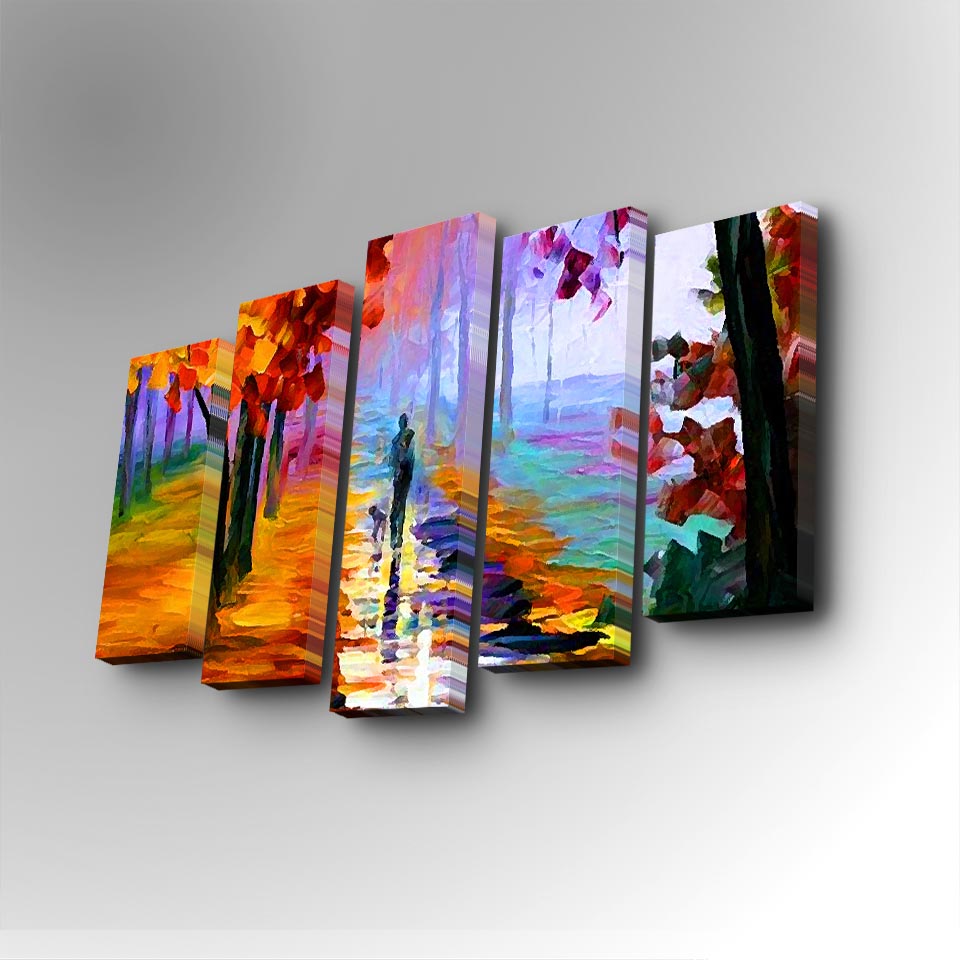 Conjunto Decorativo de 5 Telas em Canvas Multicolor - Pintura Artística com Moldura de Madeira para Decoração de Interiores