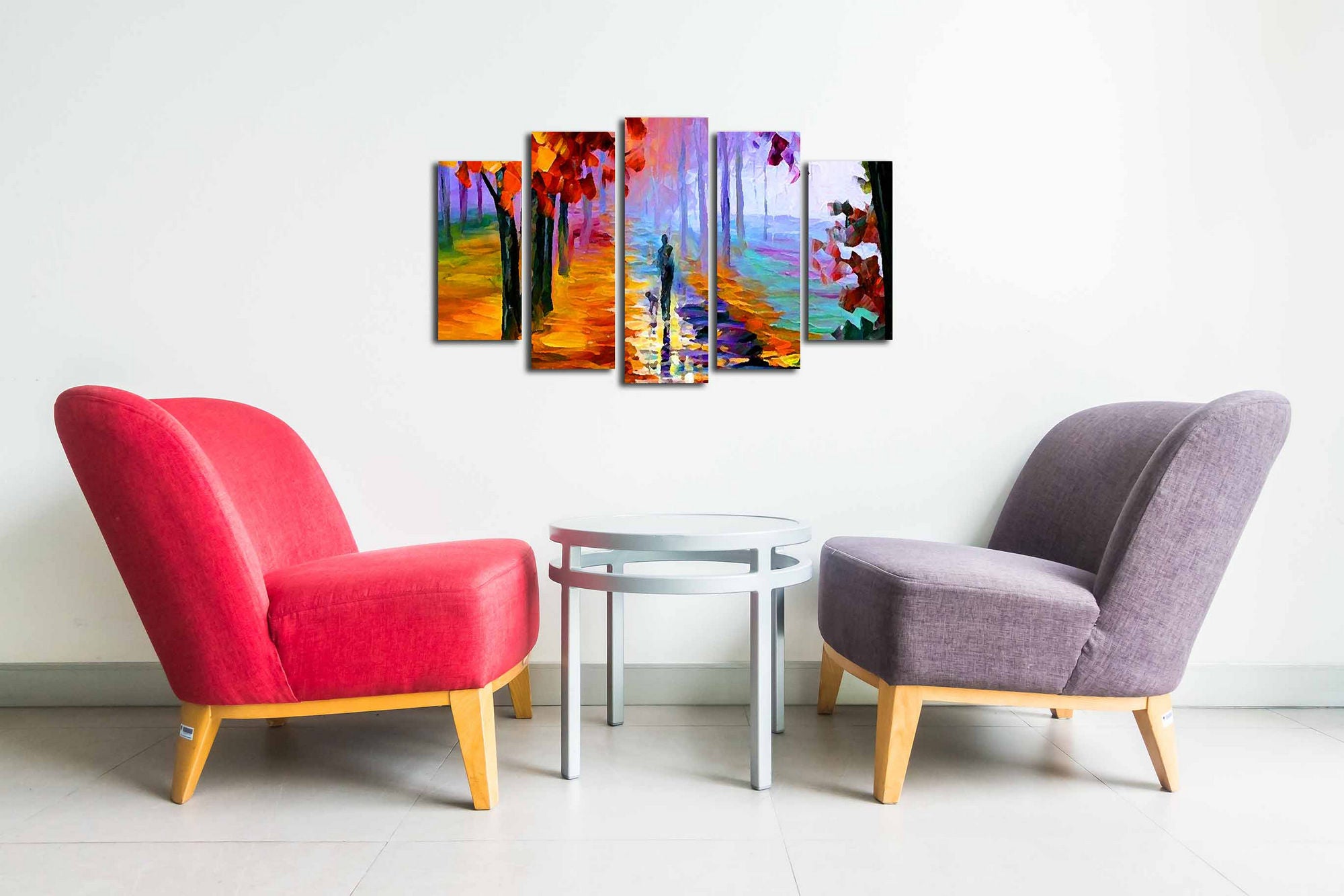 Conjunto Decorativo de 5 Telas em Canvas Multicolor - Pintura Artística com Moldura de Madeira para Decoração de Interiores