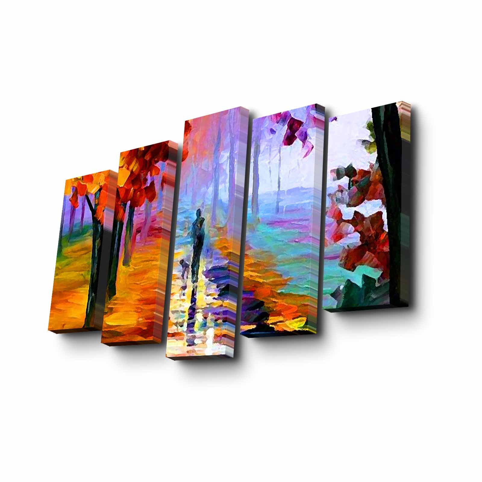 Conjunto Decorativo de 5 Telas em Canvas Multicolor - Pintura Artística com Moldura de Madeira para Decoração de Interiores