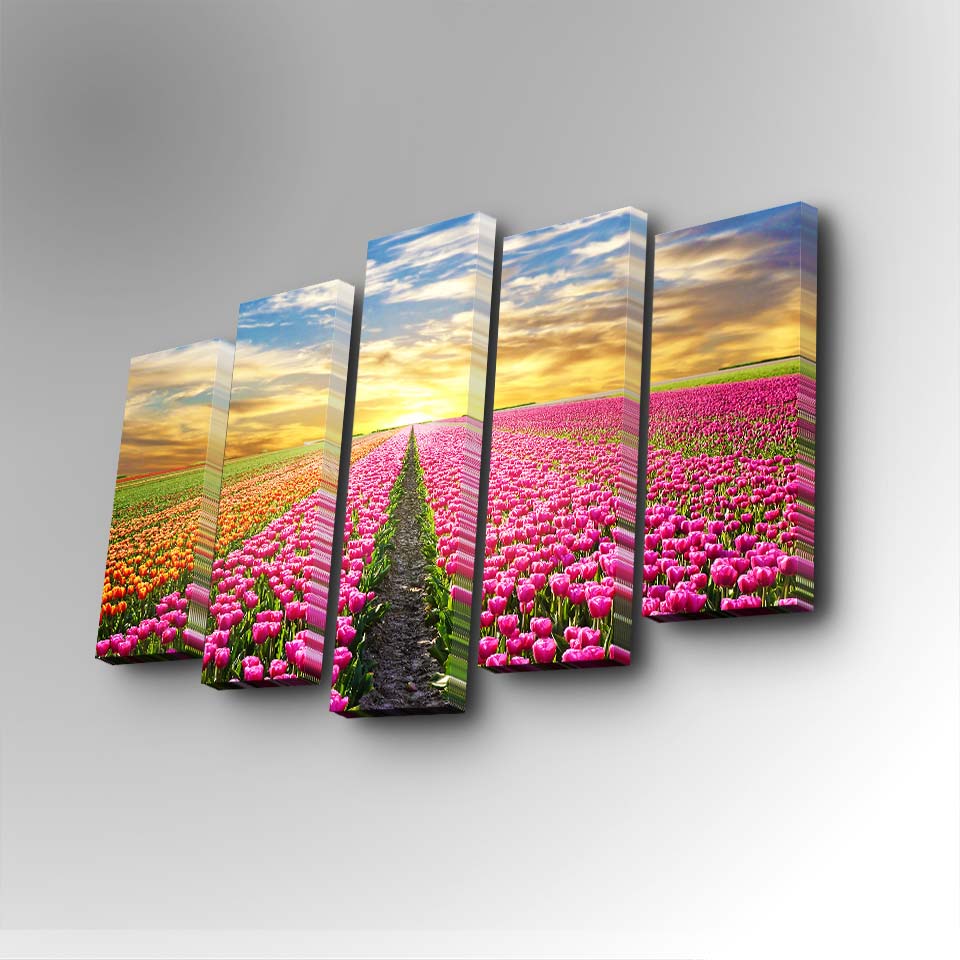 Quadro Decorativo Canvas Multicolor 5 Peças - Tela Camurça Premium com Moldura Madeira 82x50cm