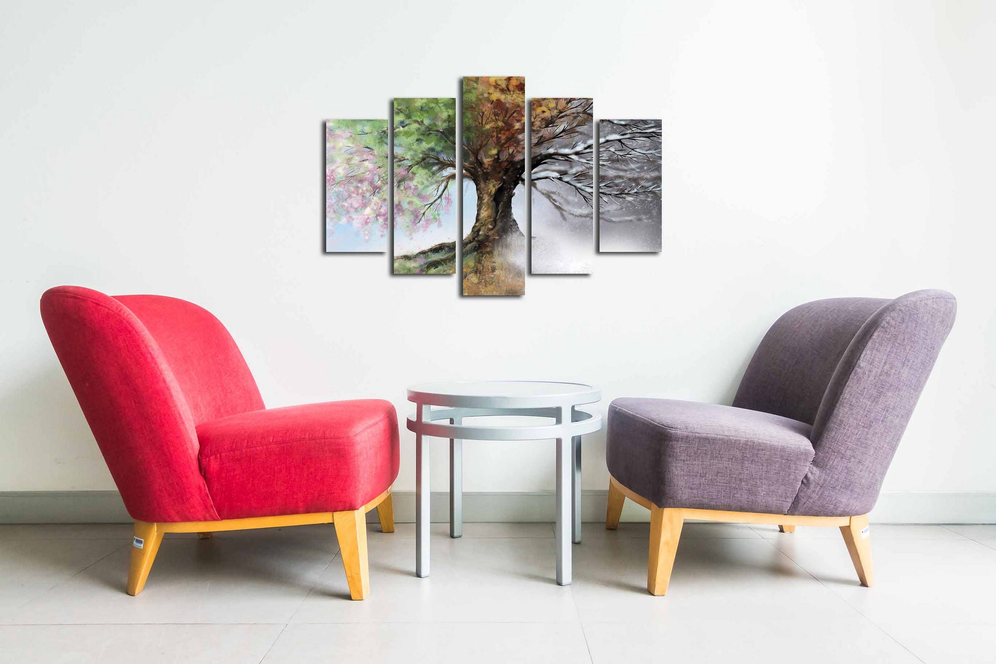 Quadro Decorativo 5 Peças em Tela de Camurça 100% — Multicolor, 82x50 cm, Moldura em Madeira