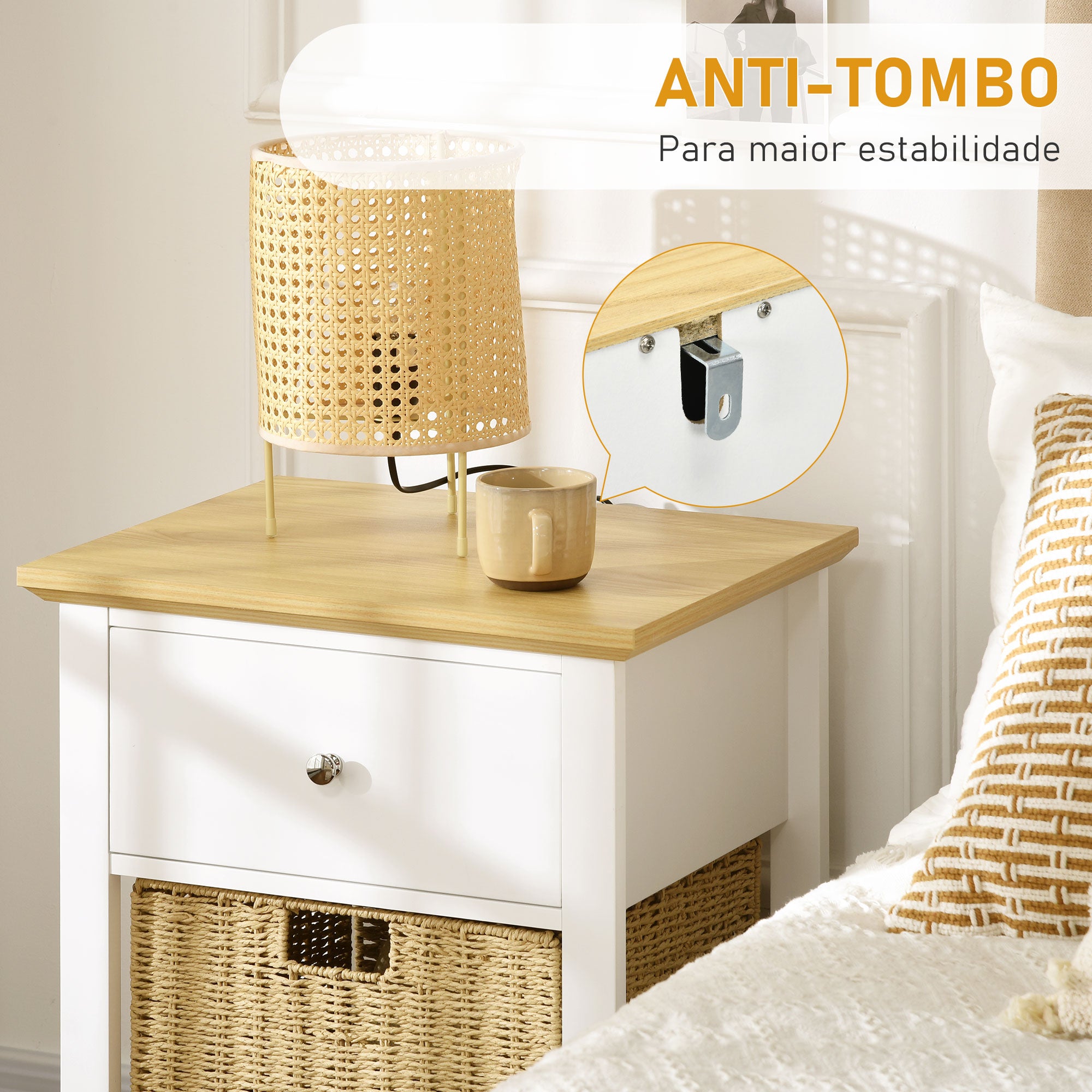 Mesa de Cabeceira Moderna com Gaveta de Armazenamento e Cesto de Vime 49x39x64 cm Branco e Madeira