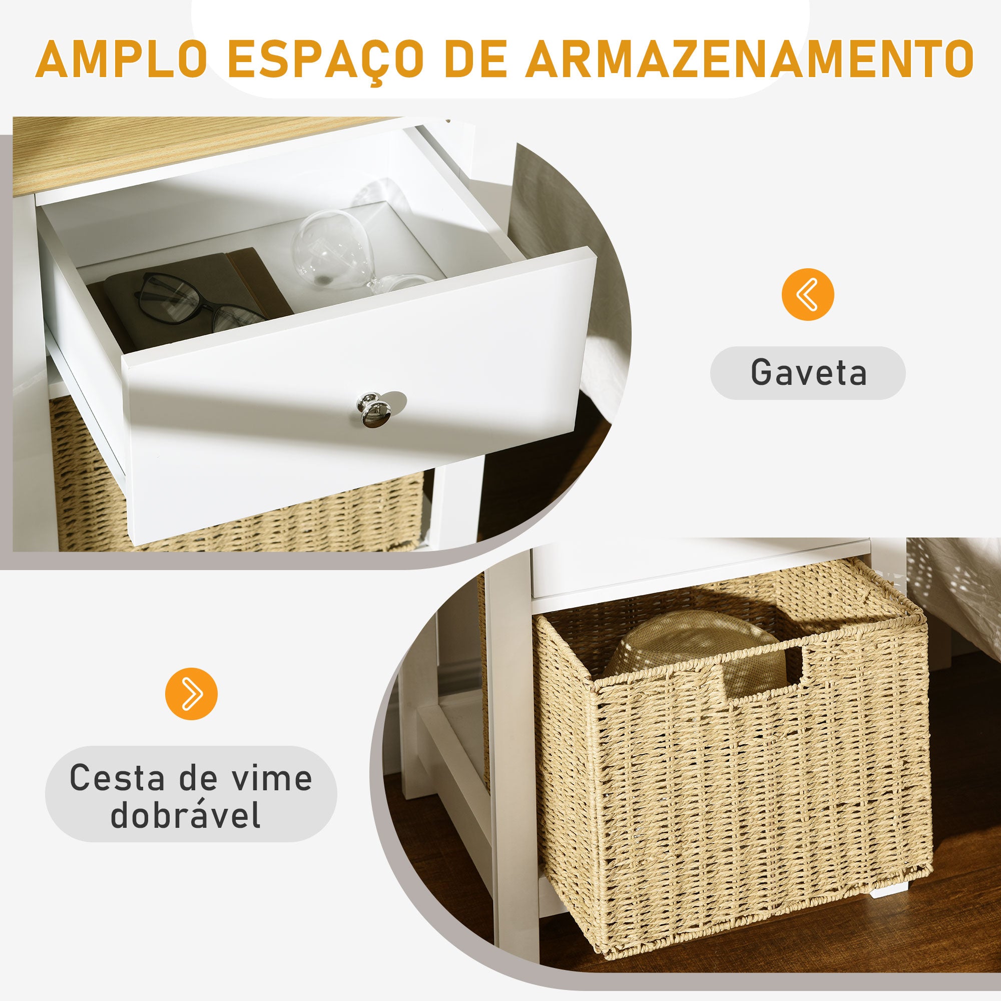 Mesa de Cabeceira Moderna com Gaveta de Armazenamento e Cesto de Vime 49x39x64 cm Branco e Madeira