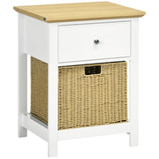 Mesa de Cabeceira Moderna com Gaveta de Armazenamento e Cesto de Vime 49x39x64 cm Branco e Madeira