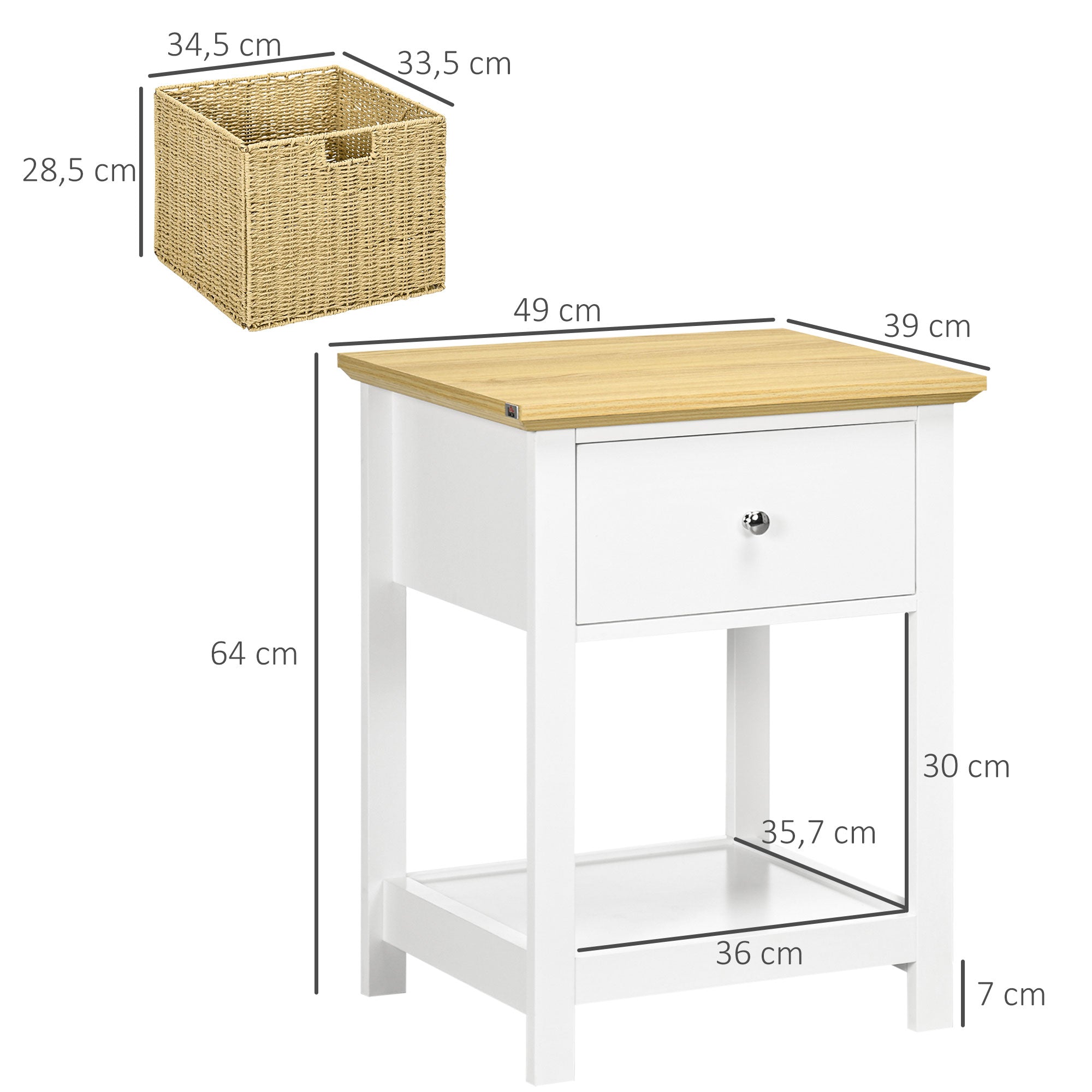 Mesa de Cabeceira Moderna com Gaveta de Armazenamento e Cesto de Vime 49x39x64 cm Branco e Madeira