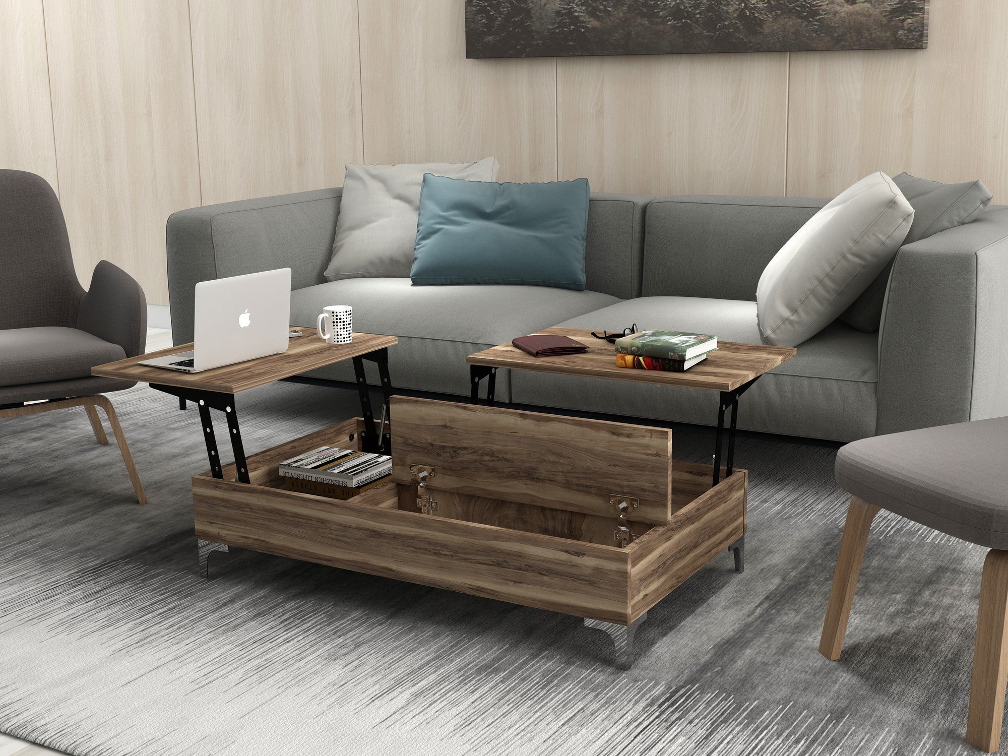 Mesa de Centro Industrial em Nogueira, 100% revestida em melamina, 121 x 69,2 x 28 cm | Dimensões Abertas: 153,6 x 101 x 51,7 cm | Elegante e Funcional para Espaços Modernos