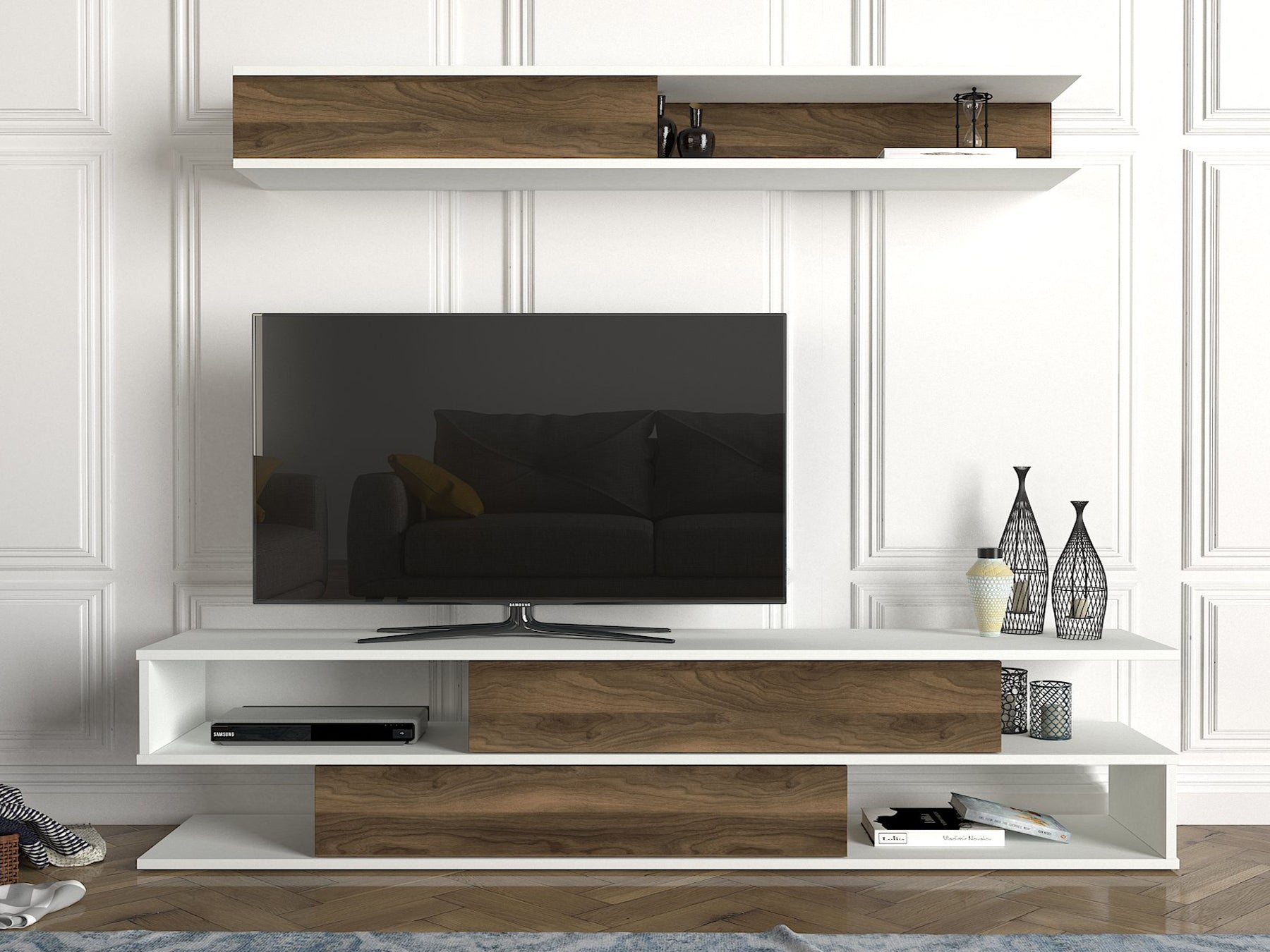 Móvel de TV escandinavo, branco e nogueira, 176 cm | Painel de partículas 100% revestido em melamina, 18 mm de espessura | Montável na parede, várias prateleiras, design elegante e funcional