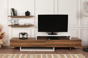 Móvel de TV escandinavo, branco e teca, 180 cm | Painel de partículas 100% revestido em melamina, 18 mm de espessura | Montável na parede, várias prateleiras, design elegante e funcional