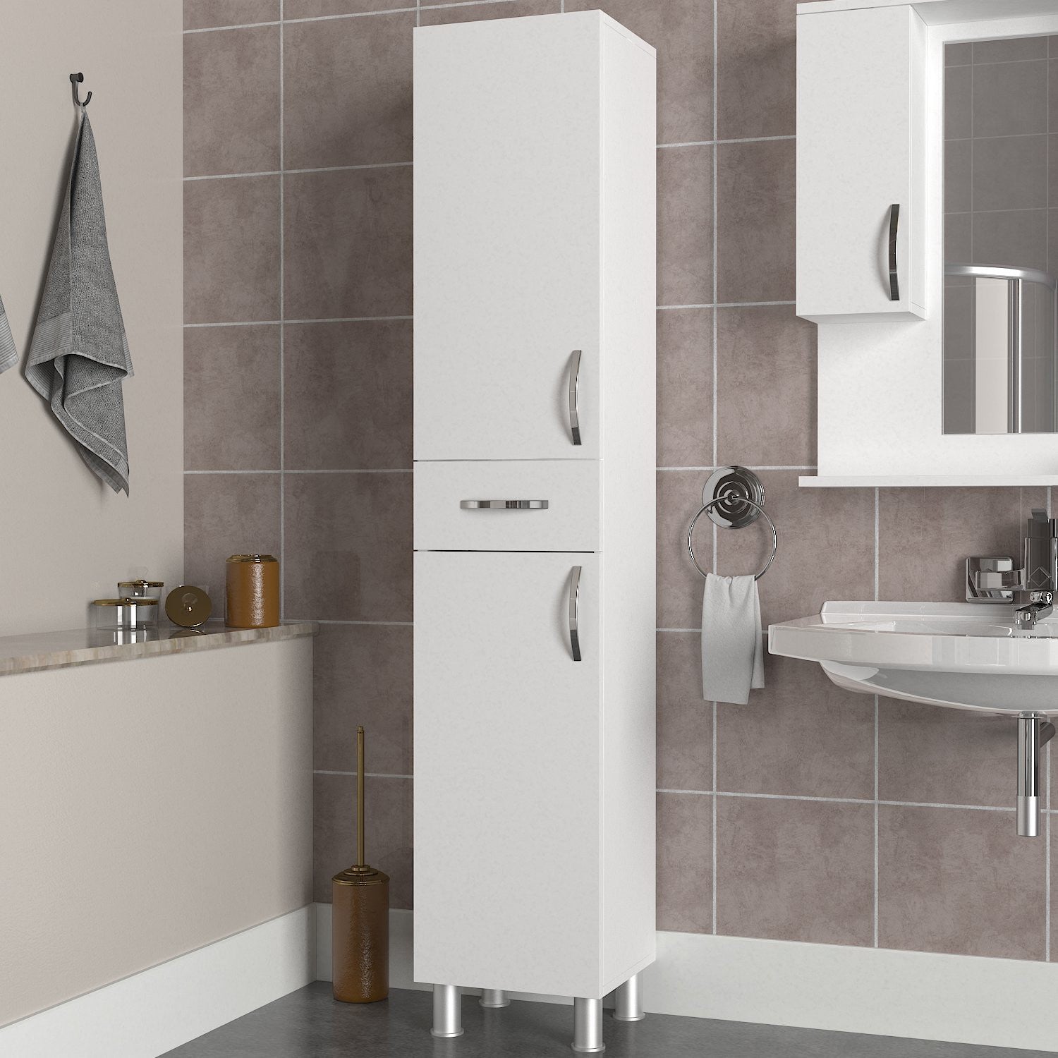 Armário de Casa de Banho – 35 cm x 179 cm x 31,3 cm – Branco – Painel de partículas revestido de melamina