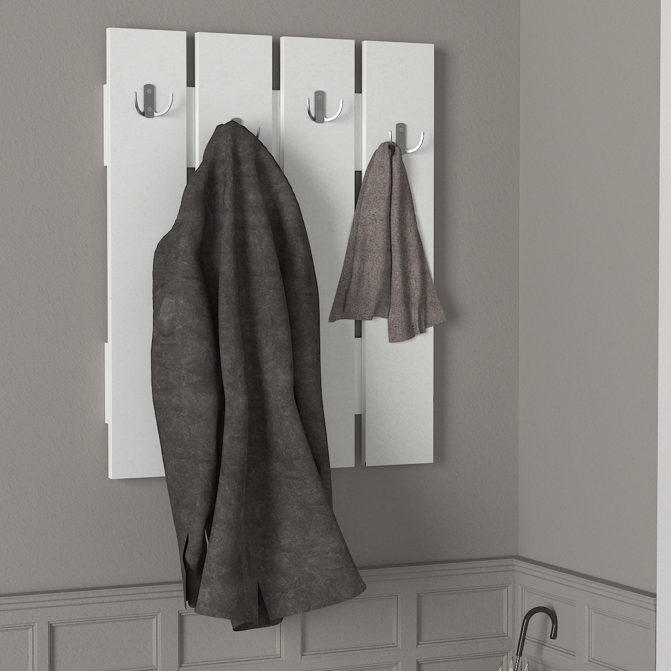 Suporte de hall escandinavo com cabideiro e prateleiras, branco, 64,7 x 80 x 3,6 cm | Painel de partículas 100% revestido de melamina, montável na parede, elegante e funcional
