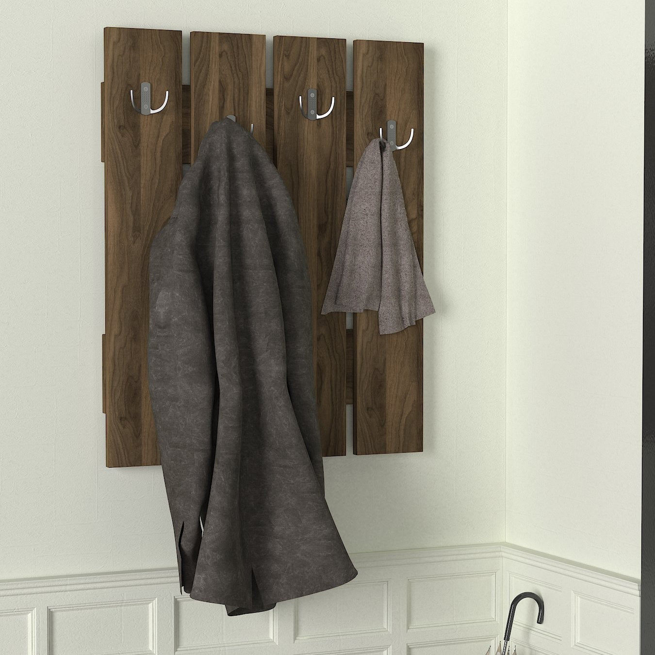 Suporte de hall escandinavo com cabideiro e prateleiras, acabamento em nogueira, 64,7 x 80 x 3,6 cm | 100% revestido em melamina, para montagem na parede, design elegante e funcional
