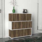 Sapateira escandinava, branca e nogueira, 90 x 93 x 30 cm | 100% revestida em melamina, 18 mm de espessura, 3 gavetas, montável na parede, design elegante e funcional