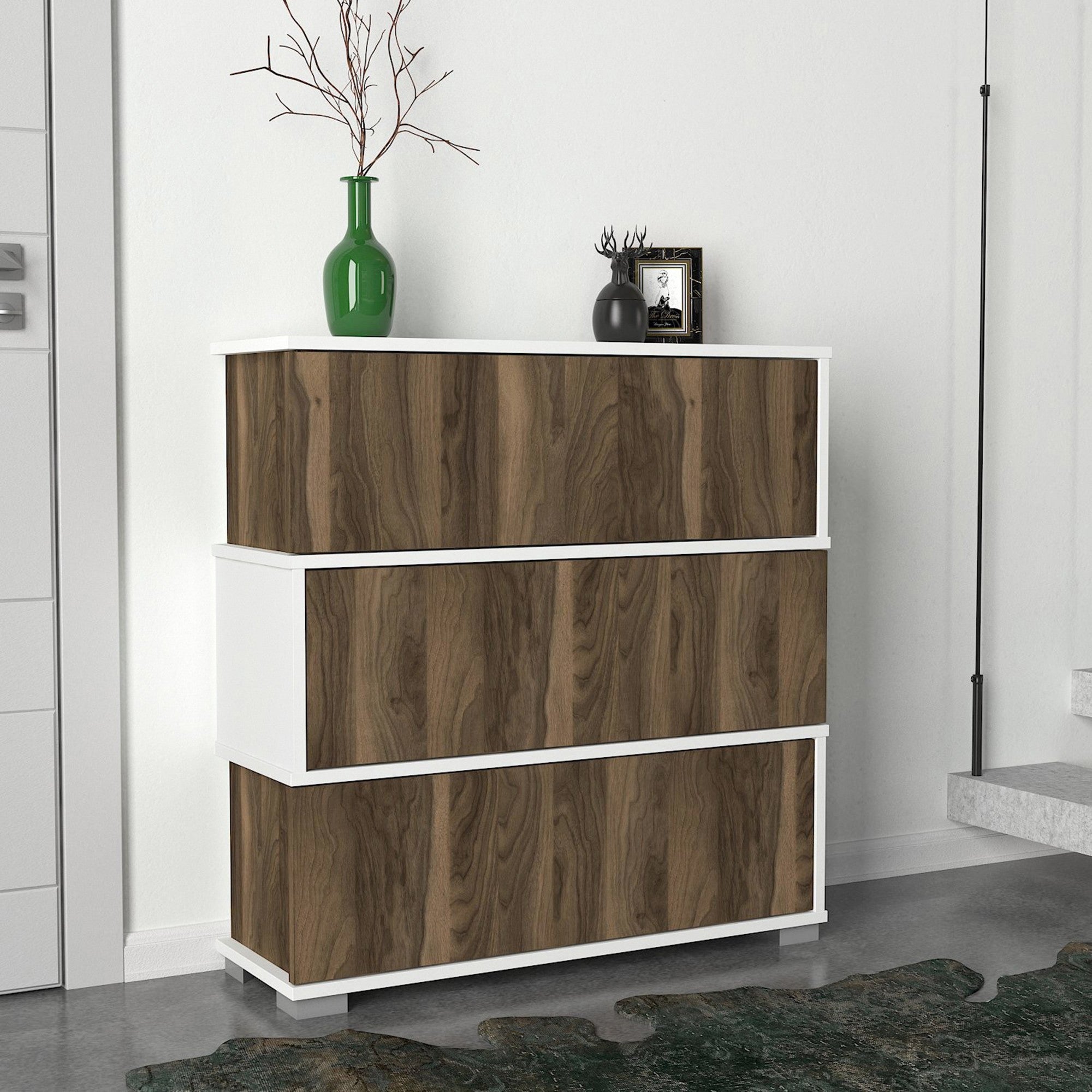 Sapateira escandinava, branca e nogueira, 90 x 93 x 30 cm | 100% revestida em melamina, 18 mm de espessura, 3 gavetas, montável na parede, design elegante e funcional