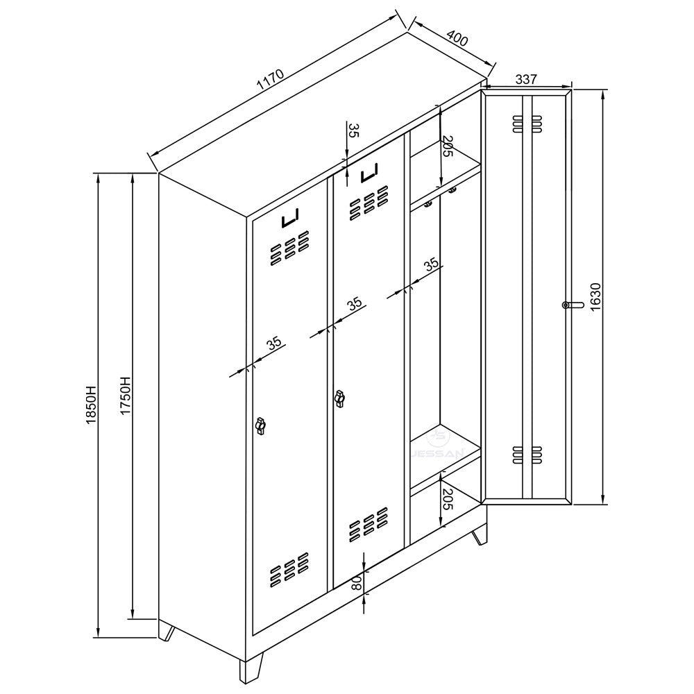 Armário de Armazenamento com Locker – 117 cm x 185 cm x 40 cm – Cinza e Preto – Aço