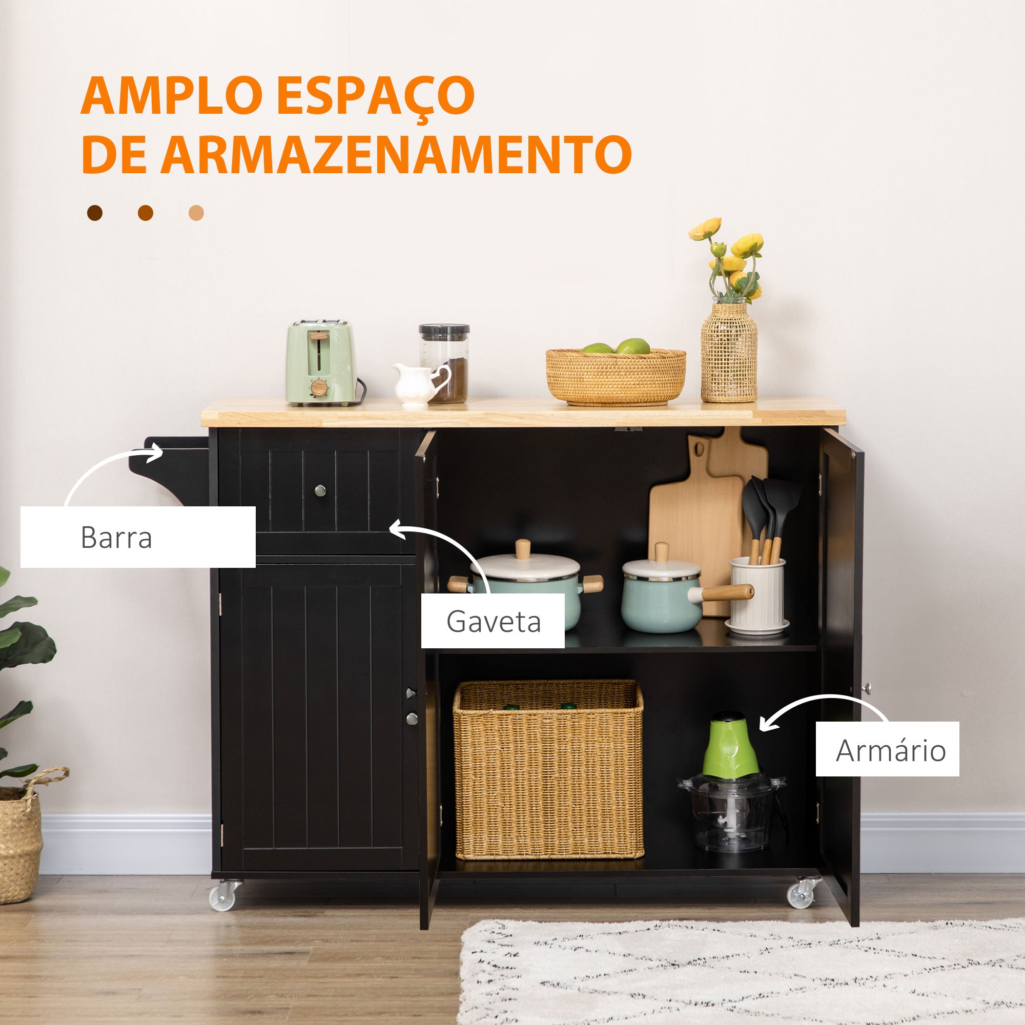 Ilha de Cozinha – 135x45x94,5cm – Preto – MDF e Madeira de Borracha