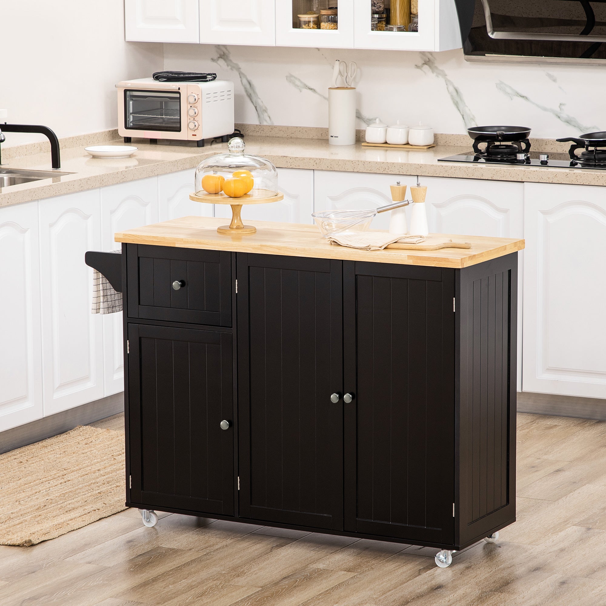 Ilha de Cozinha – 135x45x94,5cm – Preto – MDF e Madeira de Borracha