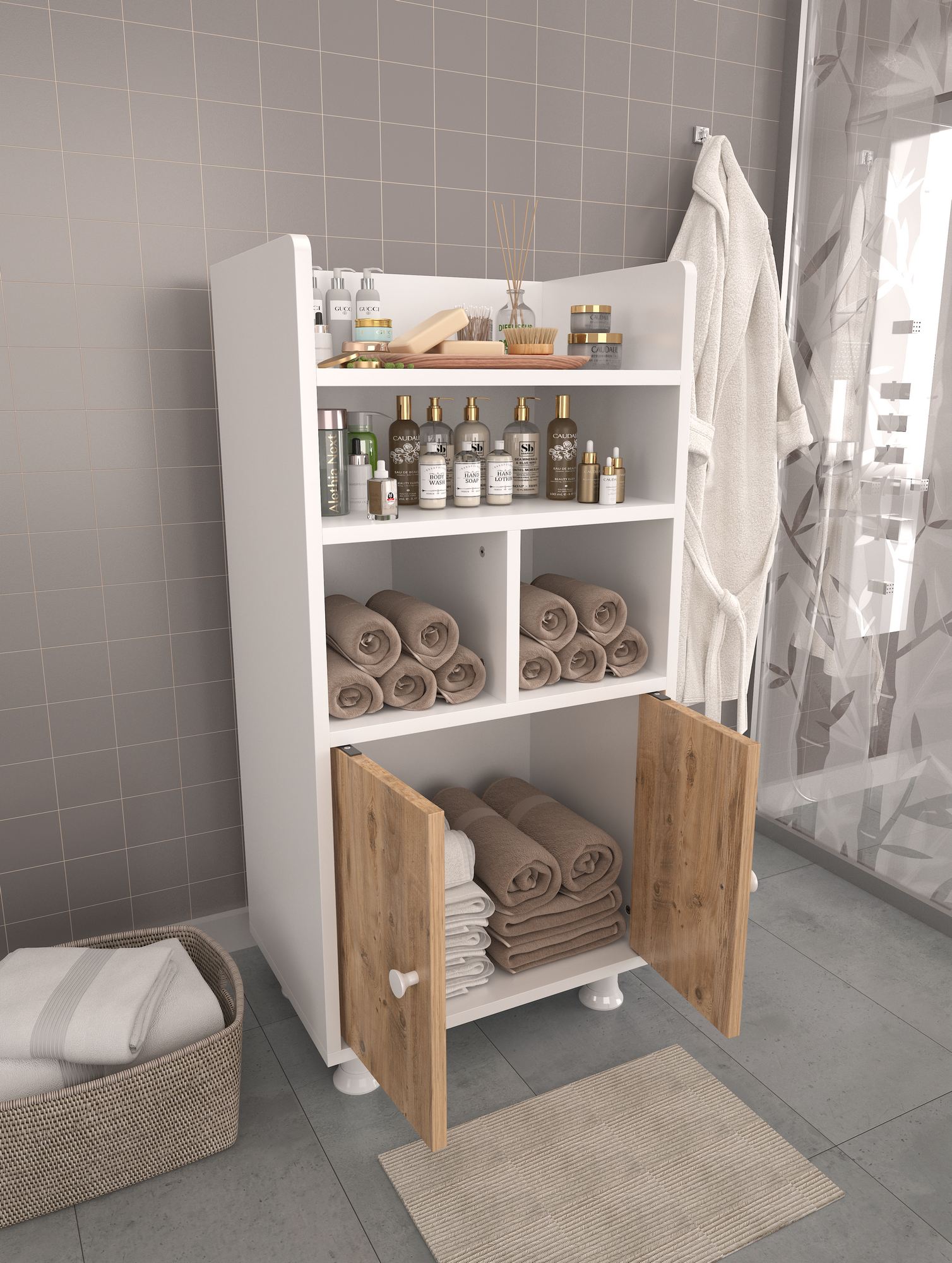 Armário Multiuso – 20,5cm x 103cm x 35cm – Branco e Pinheiro Atlântico – 100% MDF revestido de melamina