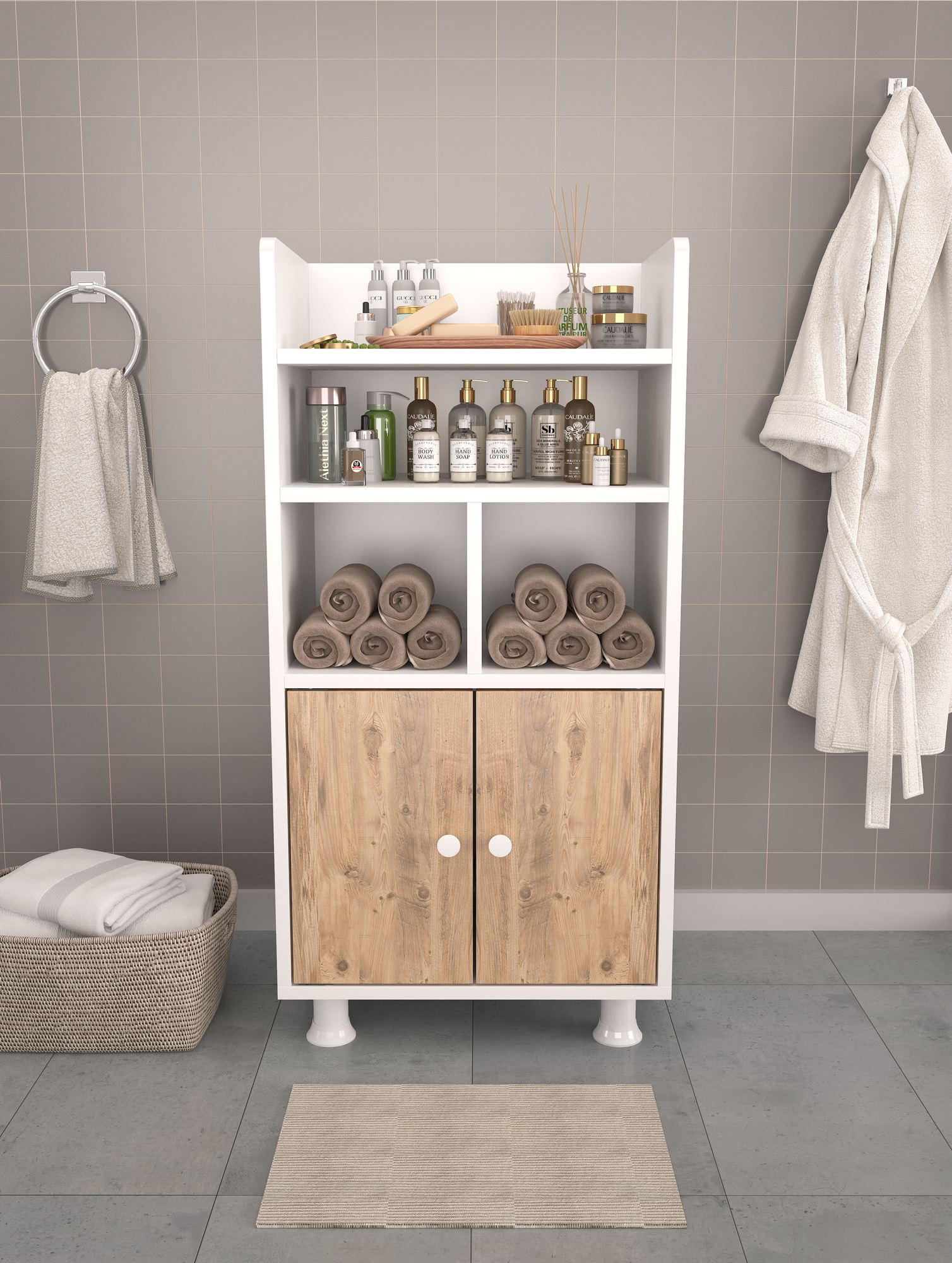 Armário Multiuso – 20,5cm x 103cm x 35cm – Branco e Pinheiro Atlântico – 100% MDF revestido de melamina