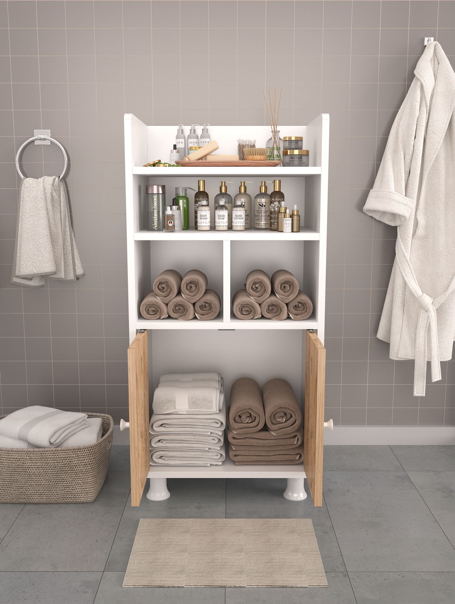 Armário Multiuso – 20,5cm x 103cm x 35cm – Branco e Pinheiro Atlântico – 100% MDF revestido de melamina