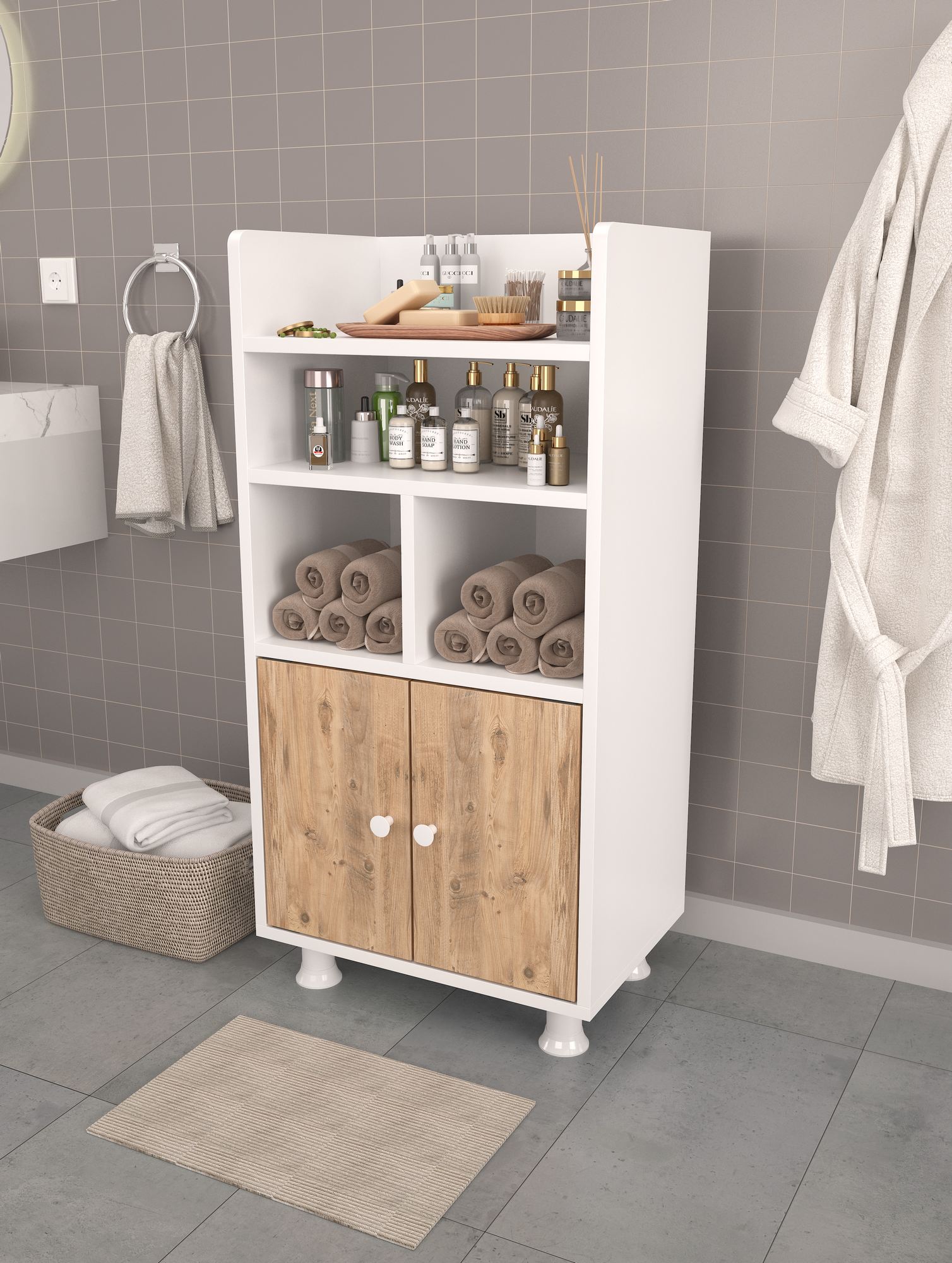 Armário Multiuso – 20,5cm x 103cm x 35cm – Branco e Pinheiro Atlântico – 100% MDF revestido de melamina