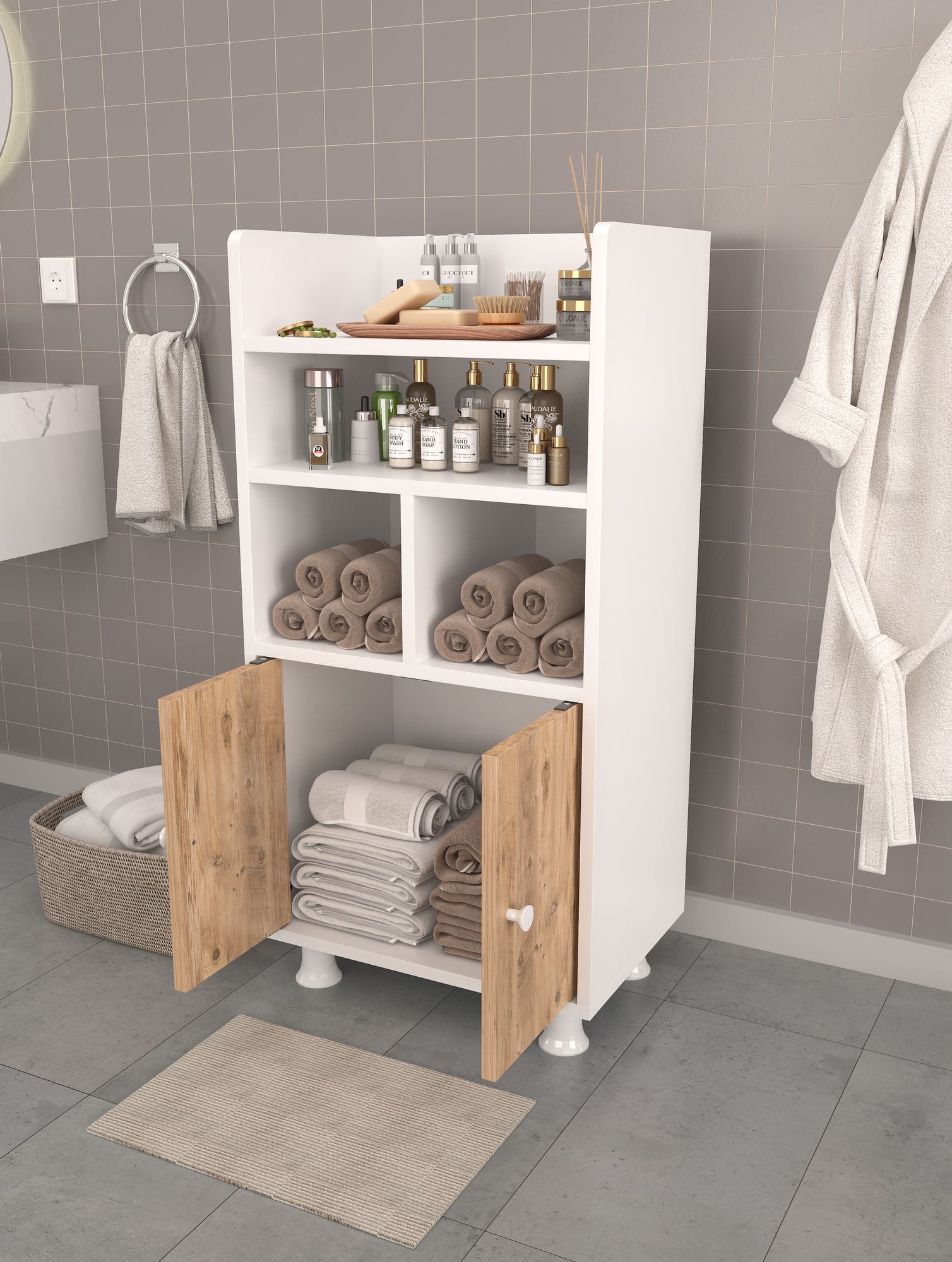 Armário Multiuso – 20,5cm x 103cm x 35cm – Branco e Pinheiro Atlântico – 100% MDF revestido de melamina