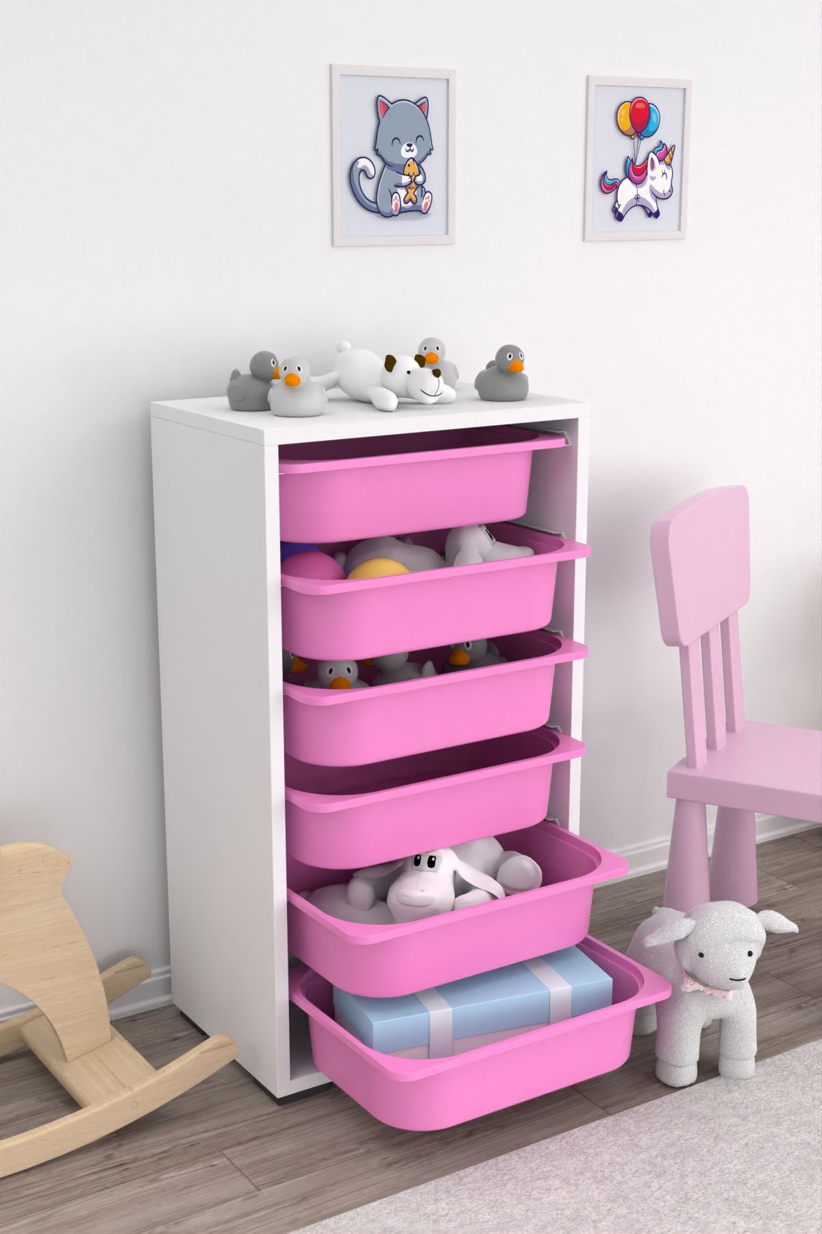 Armário Multiuso – 45,5cm x 83cm x 30cm – Branco e Rosa – MDF