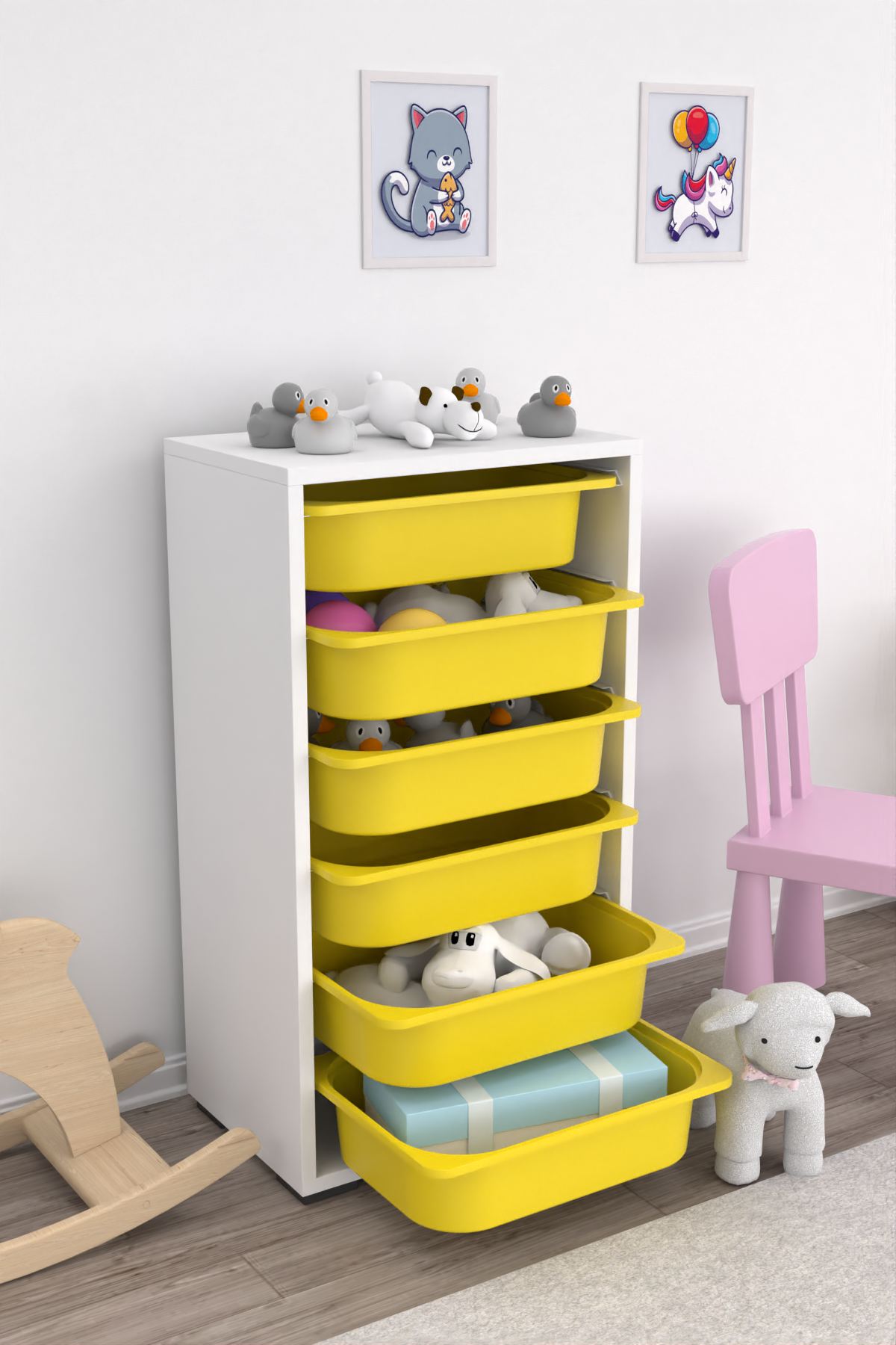 Armário Multiuso – 45,5cm x 83cm x 30cm – Branco e Amarelo – Painel de partículas