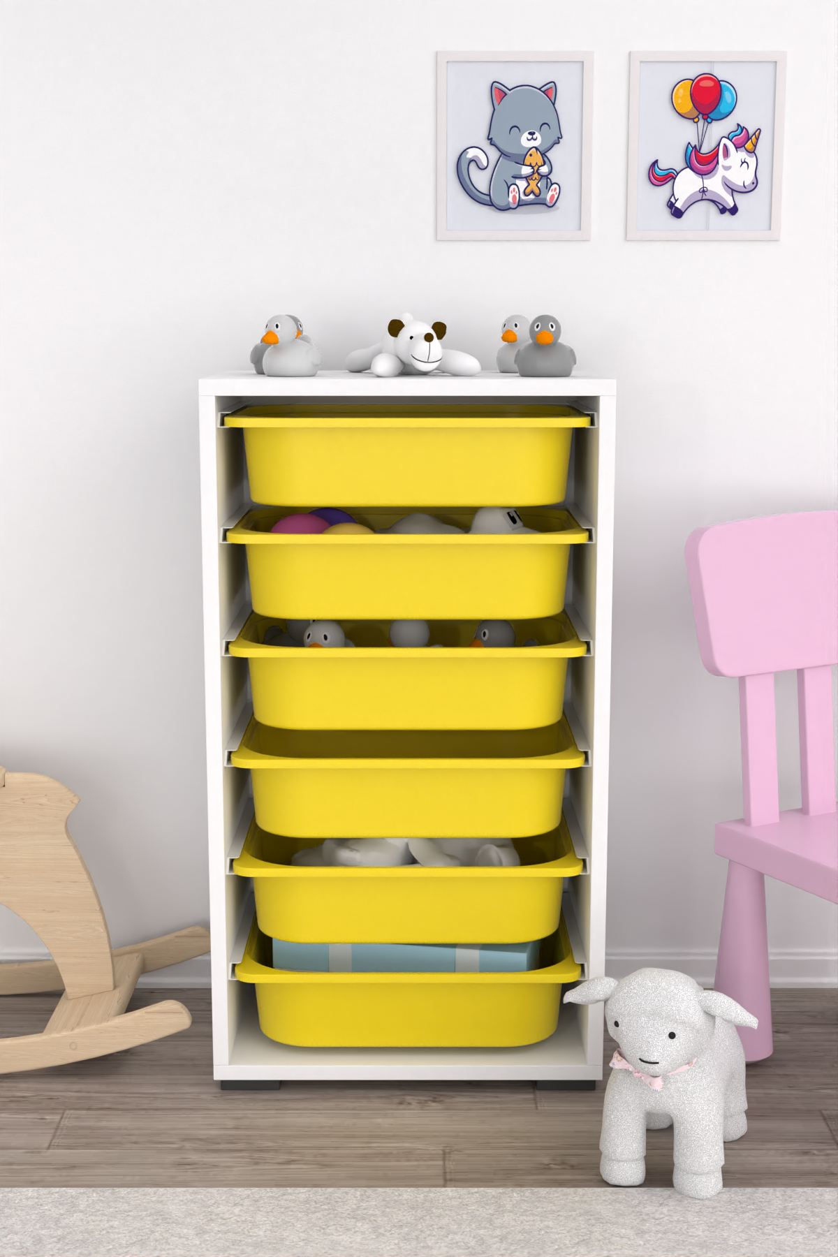 Armário Multiuso – 45,5cm x 83cm x 30cm – Branco e Amarelo – Painel de partículas