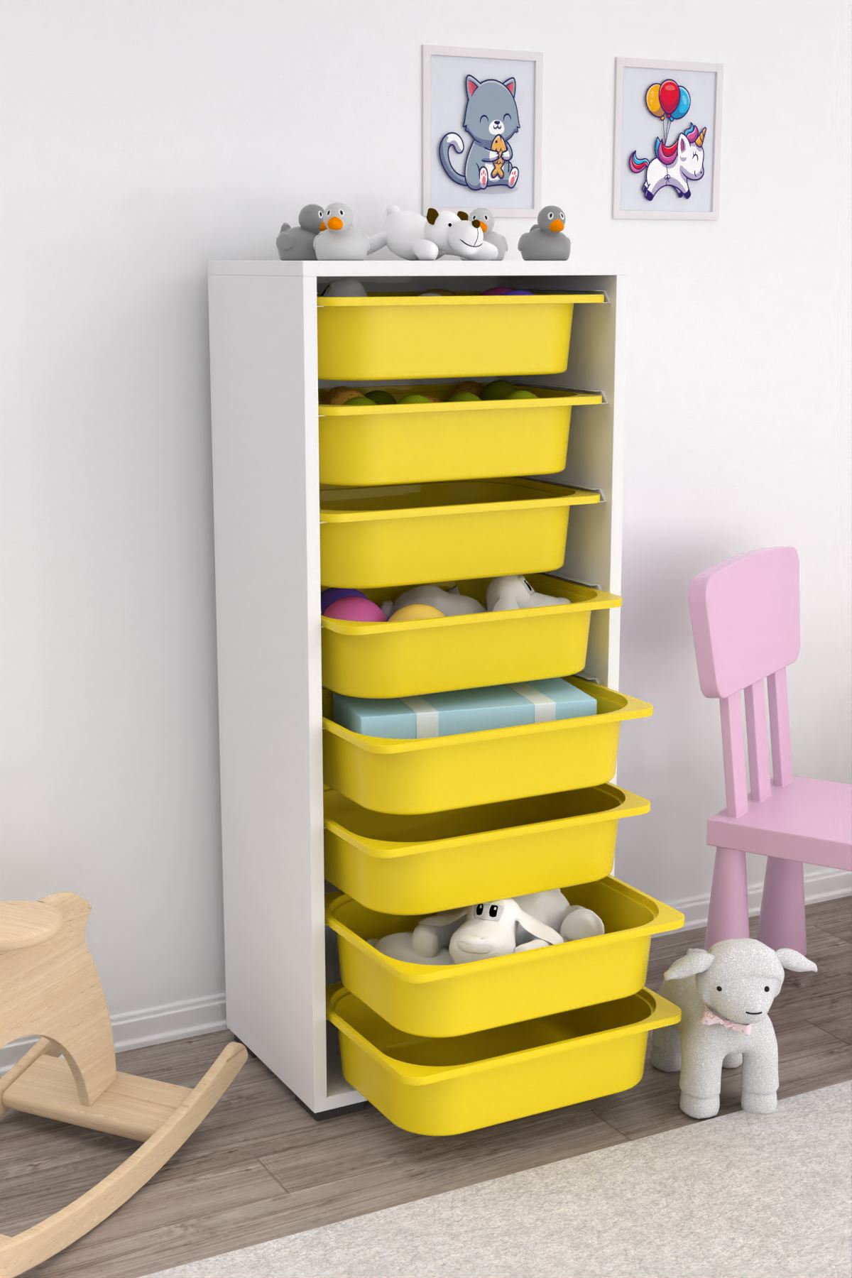 Armário Multiuso – 45,5cm x 30cm x 109cm – Branco e Amarelo – MDF