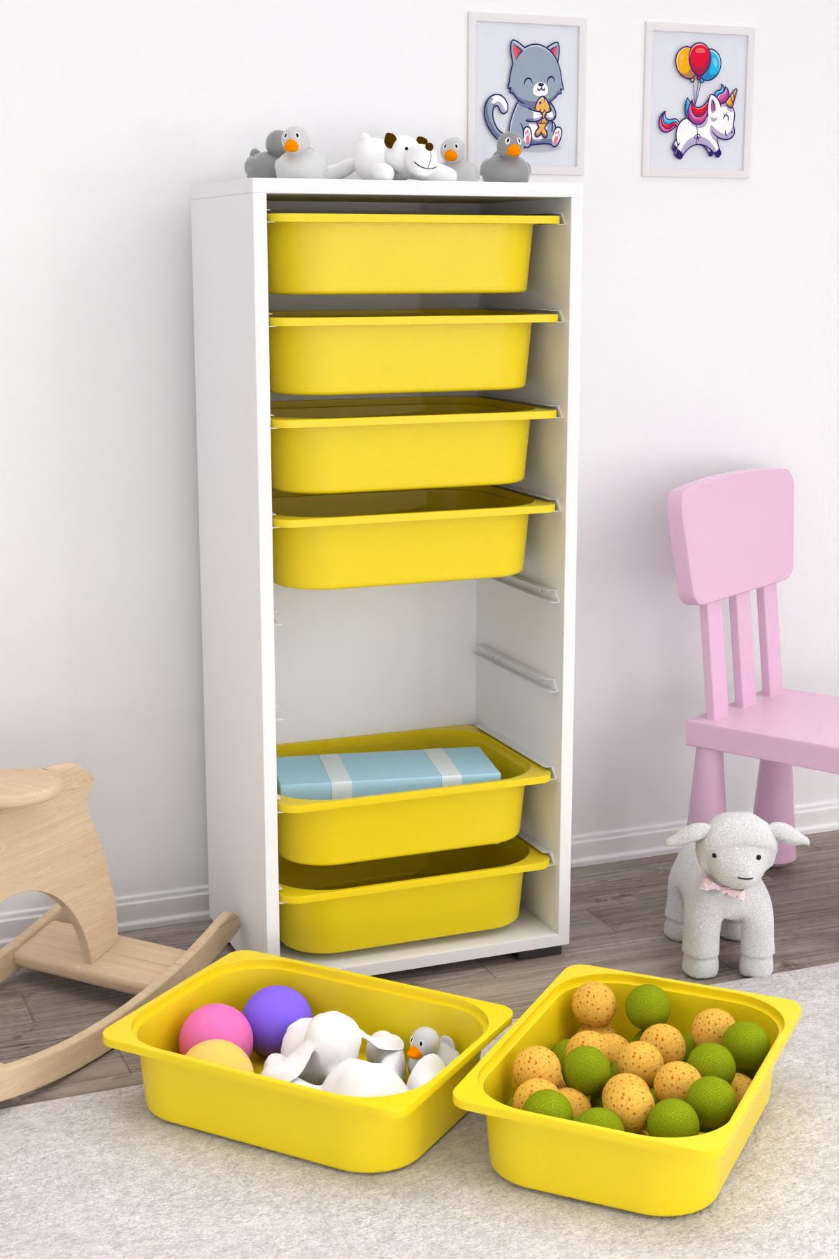 Armário Multiuso – 45,5cm x 30cm x 109cm – Branco e Amarelo – MDF