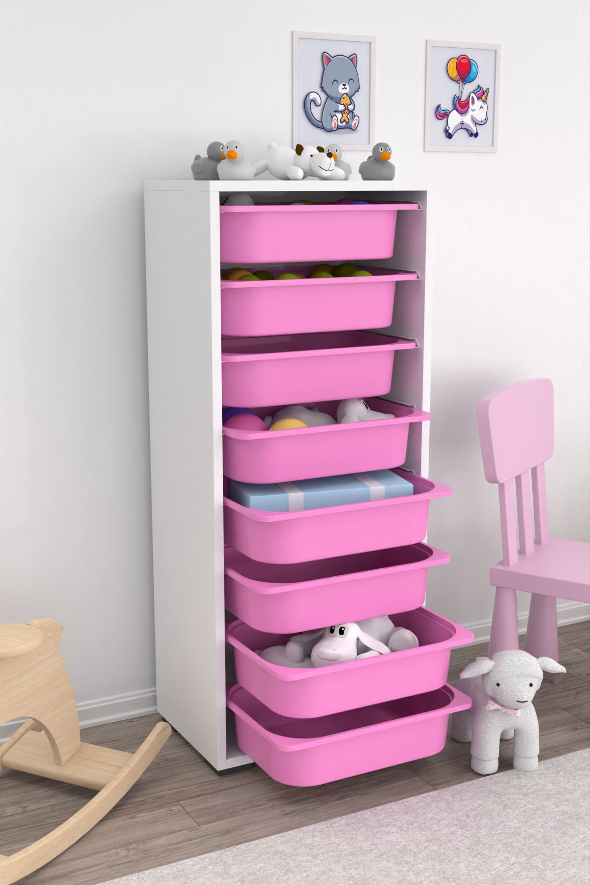 Armário Multiuso – 45,5cm x 30cm x 109cm – Branco e Rosa – MDF