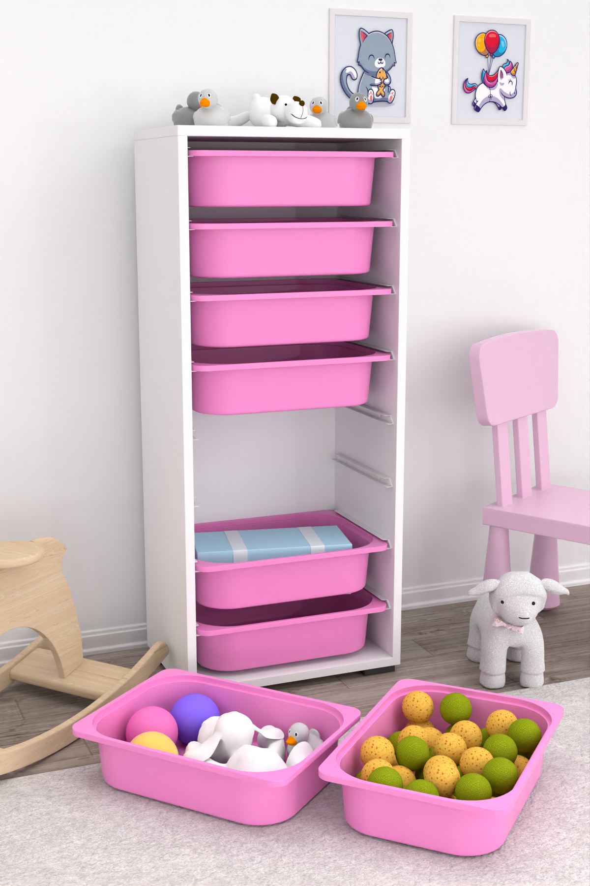 Armário Multiuso – 45,5cm x 30cm x 109cm – Branco e Rosa – MDF