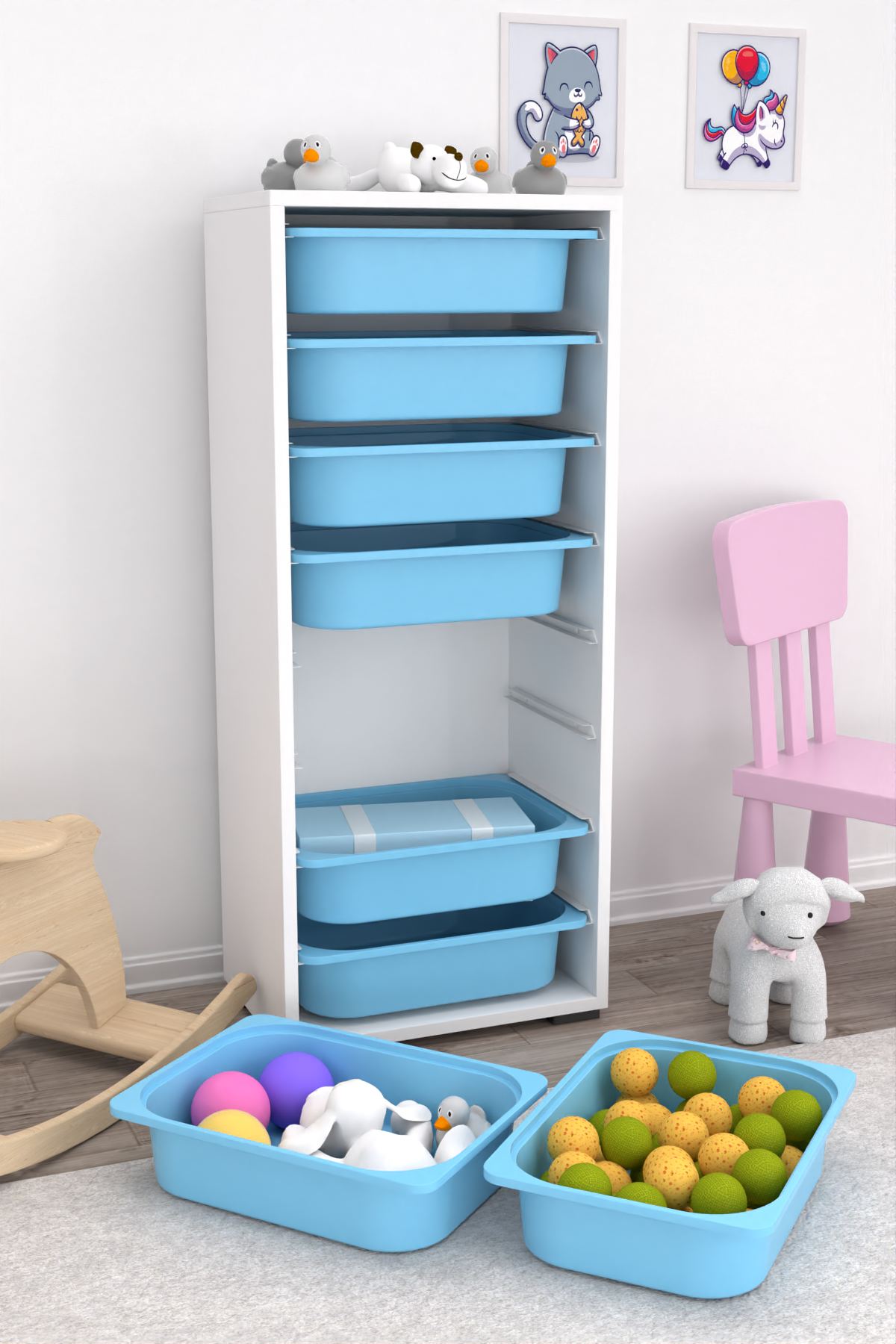 Armário Multiuso – 45,5 cm x 30 cm x 109 cm – Branco e Azul – MDF