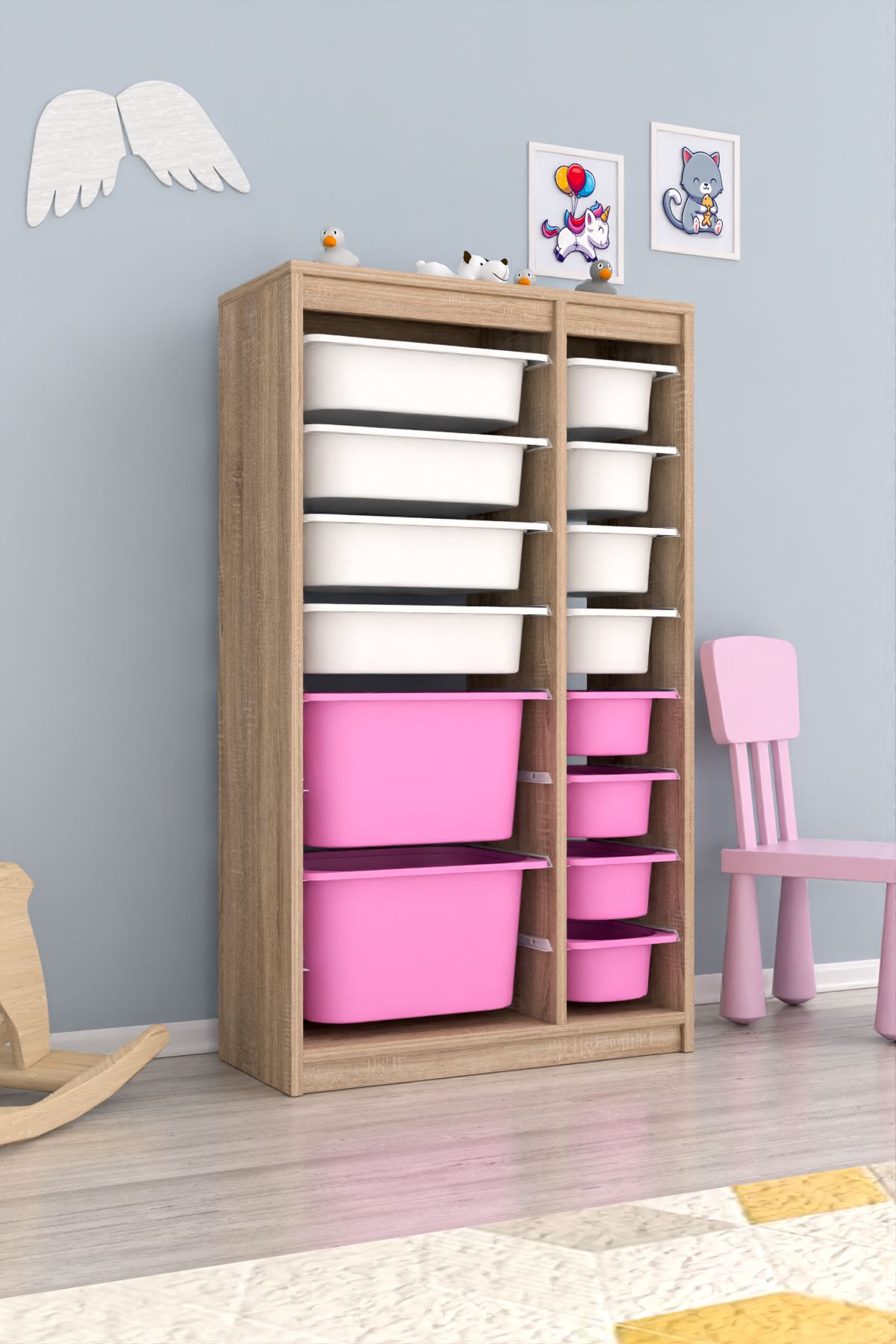 Armário Multiuso – 69 cm x 112,2 cm x 29,6 cm – Branco Sonomo e Rosa – MDF