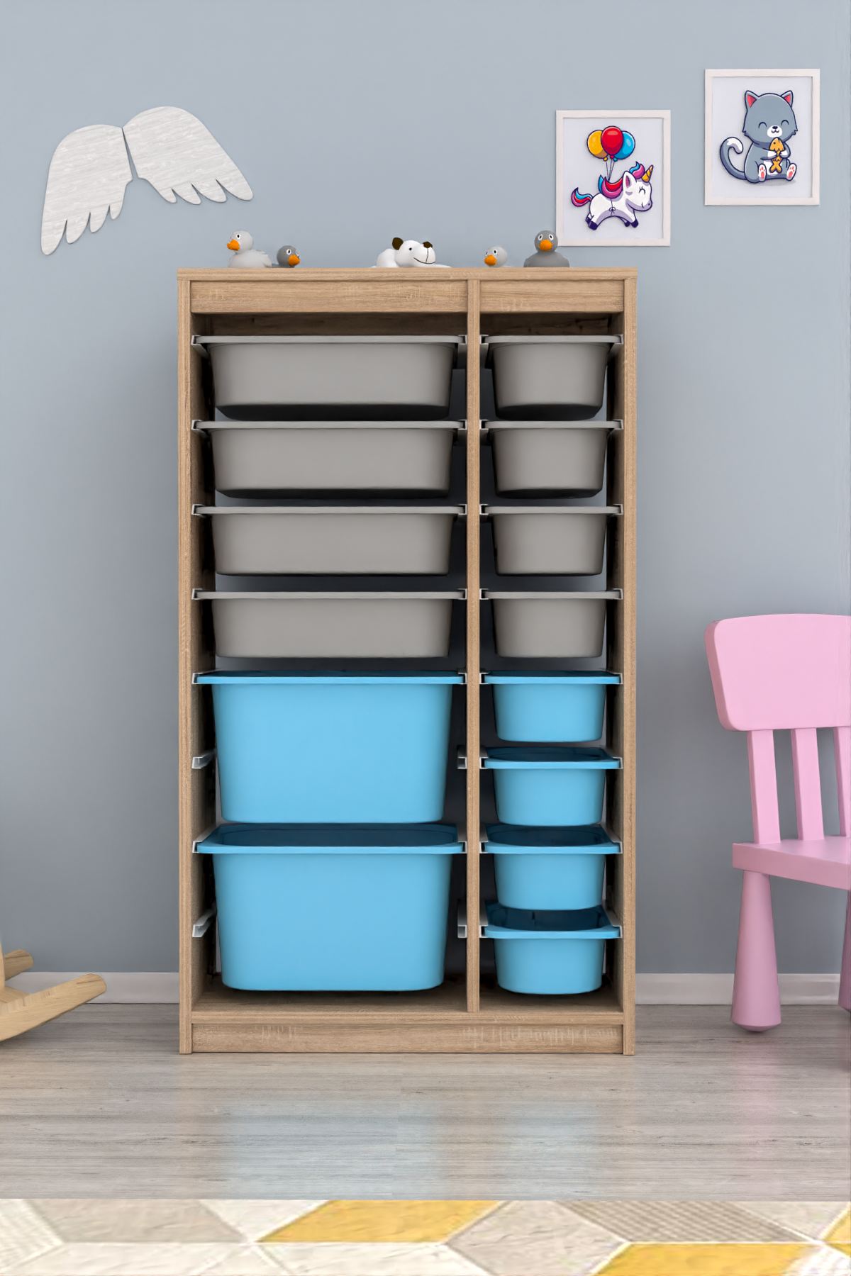 Armário Multiuso – 69cm x 112,2cm x 29,6cm – Cinza Sonomo e Azul – MDF