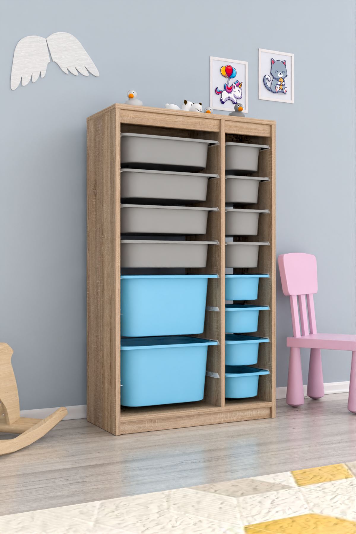 Armário Multiuso – 69cm x 112,2cm x 29,6cm – Cinza Sonomo e Azul – MDF