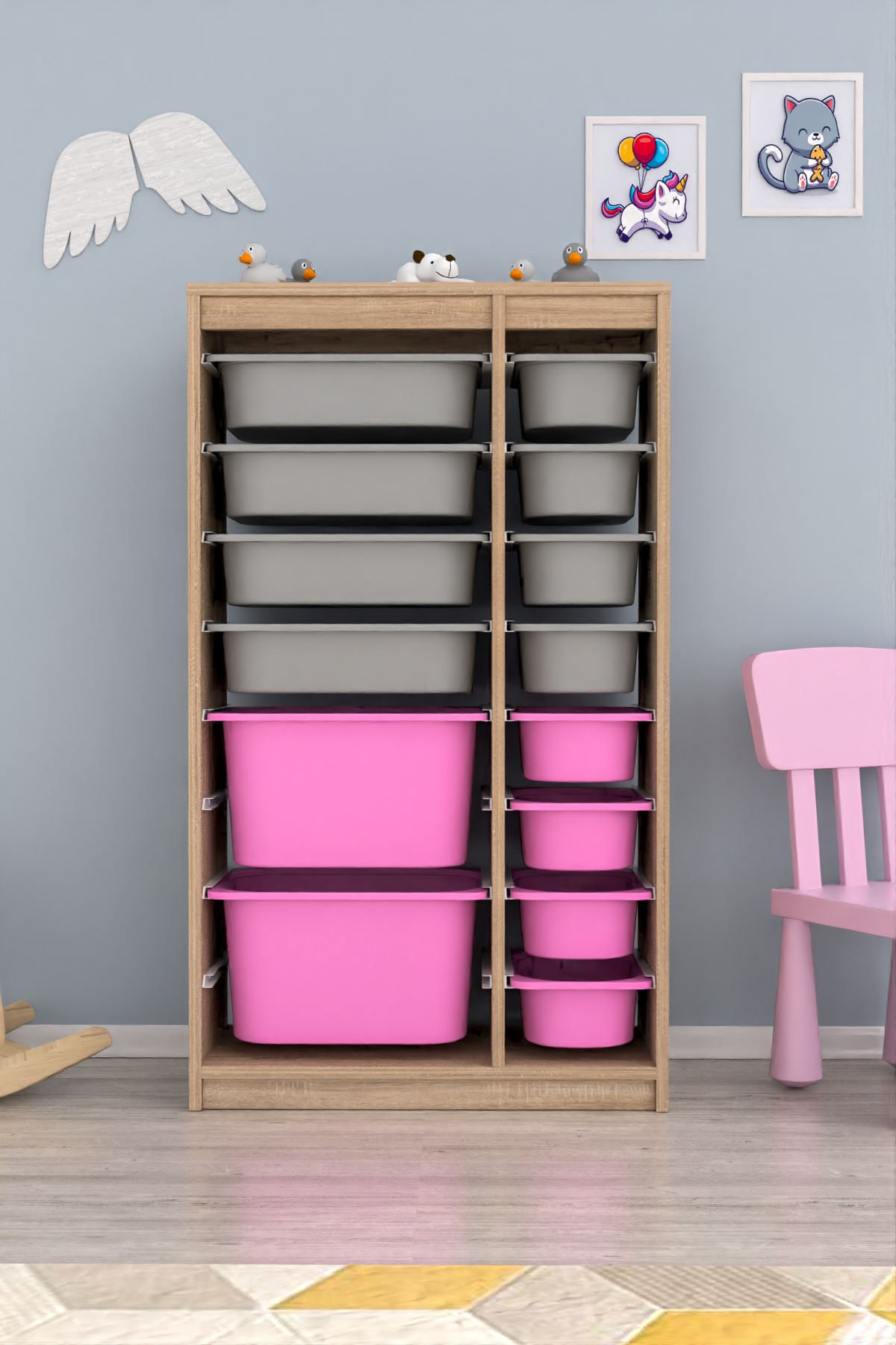 Armário Multiuso – 69cm x 112,2cm x 29,6cm – Cinza Sonomo e Rosa – MDF
