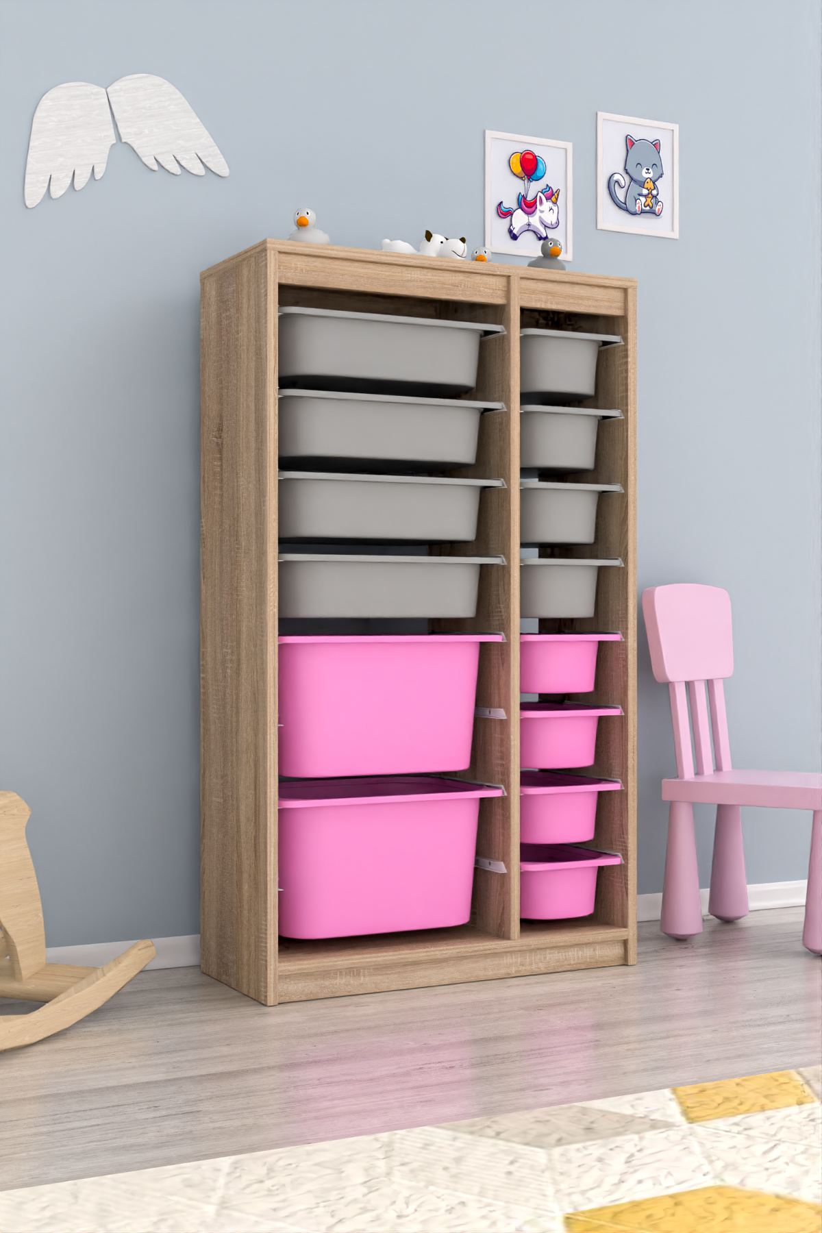 Armário Multiuso – 69cm x 112,2cm x 29,6cm – Cinza Sonomo e Rosa – MDF