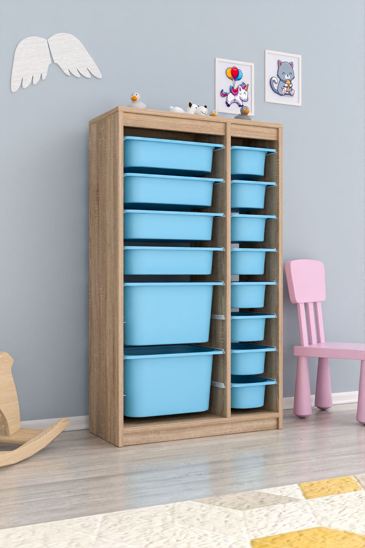 Armário Multiuso – 69cm x 112,2cm x 29,6cm – Azul e Sonomo – MDF