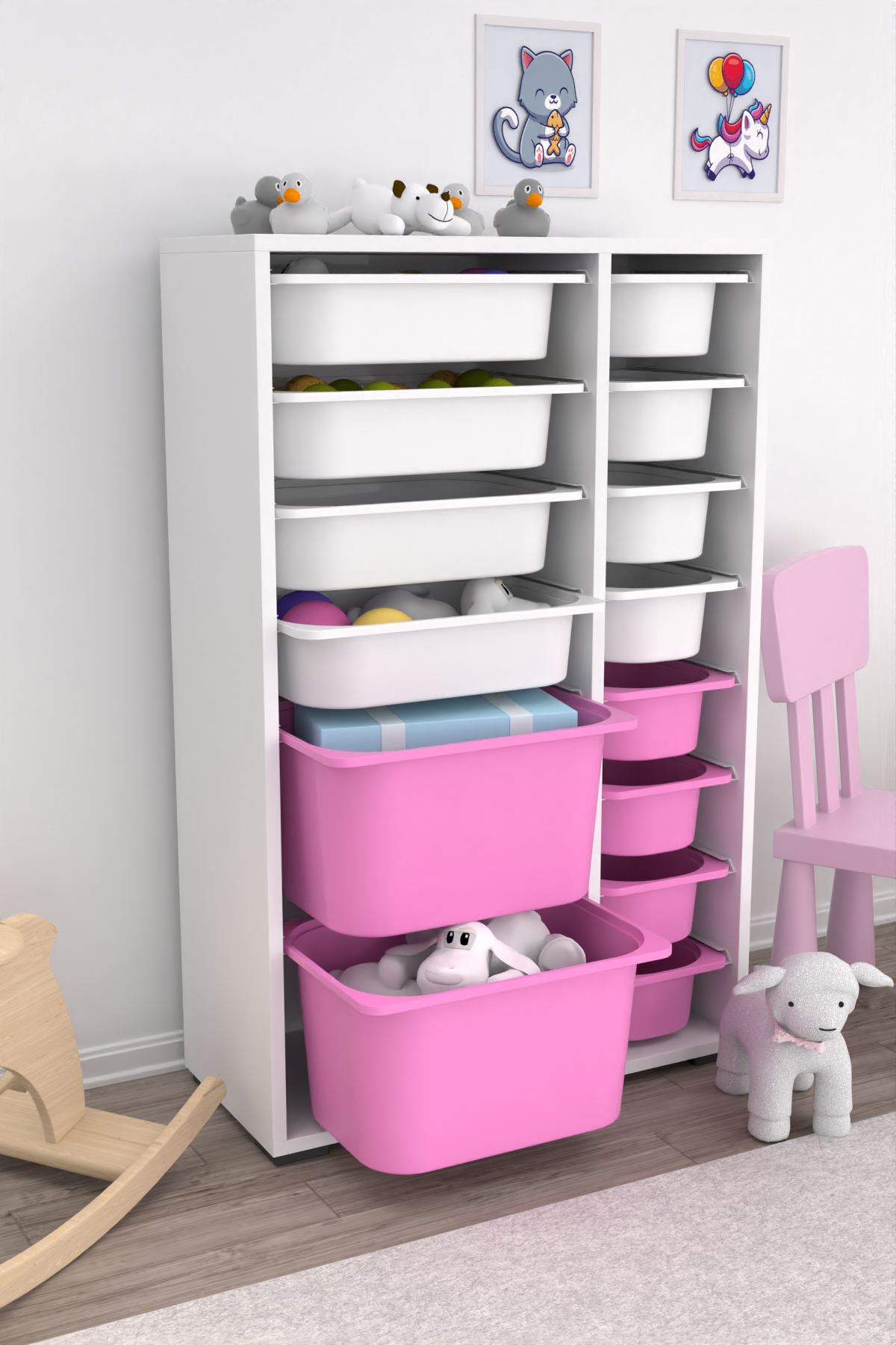 Armário Multiuso – 69,5 cm x 109 cm x 30 cm – Branco e Rosa – MDF