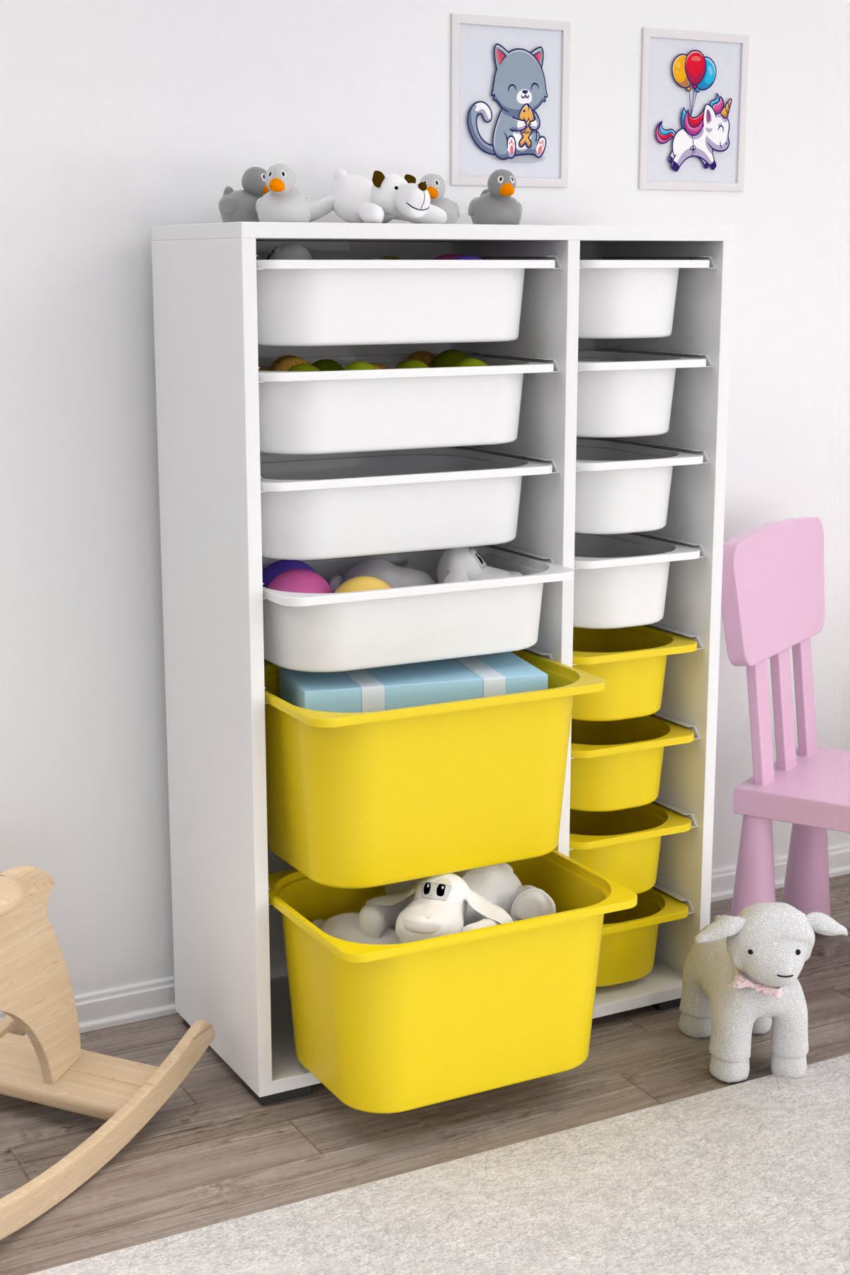 Armário Multiuso – 69,5 cm x 109 cm x 30 cm – Branco e Amarelo – MDF revestido de melamina