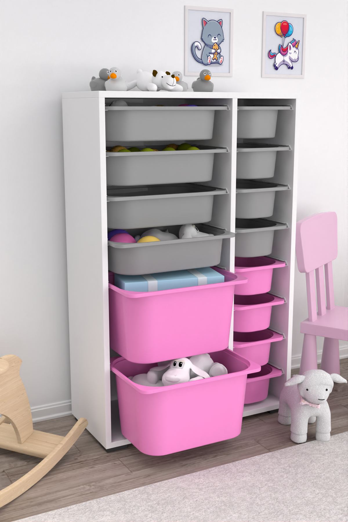 Armário Multiuso – 69,5 cm x 109 cm x 30 cm – Branco, Cinza, Rosa – MDF