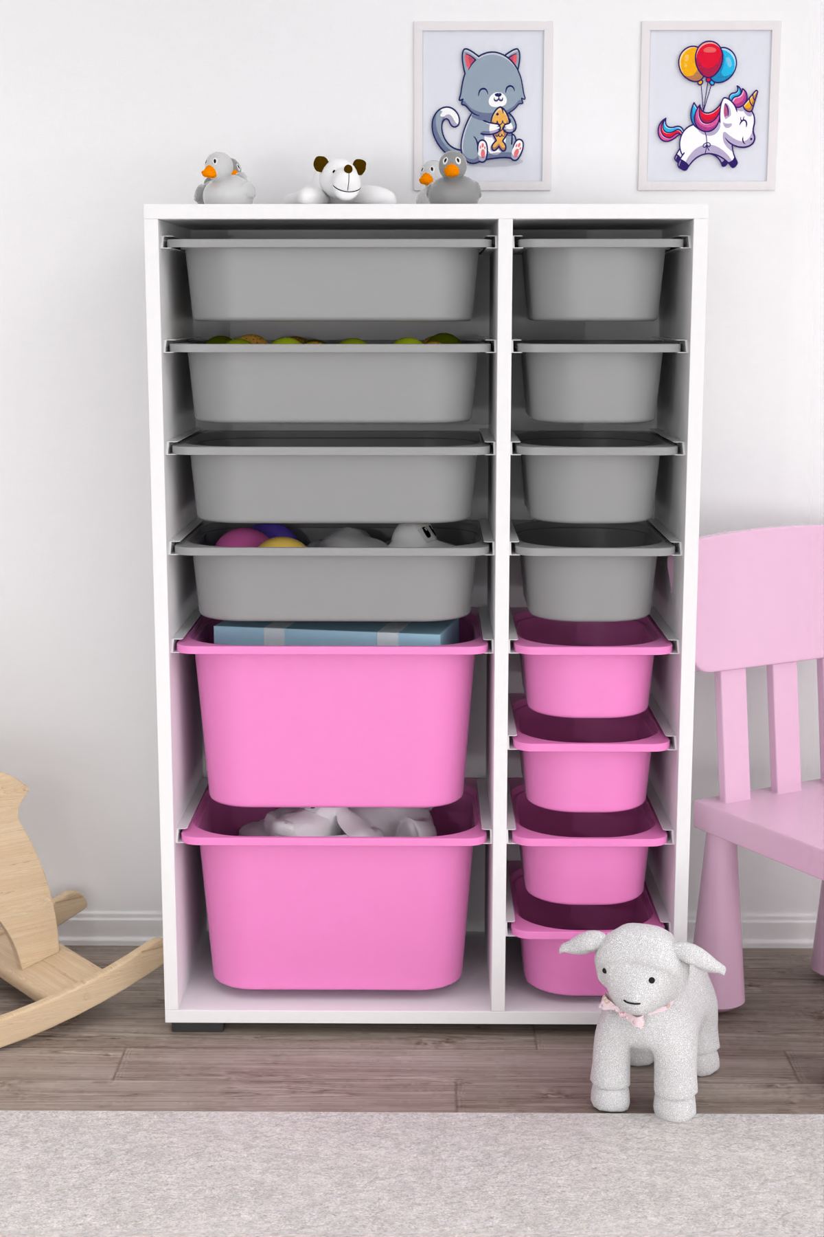 Armário Multiuso – 69,5 cm x 109 cm x 30 cm – Branco, Cinza, Rosa – MDF