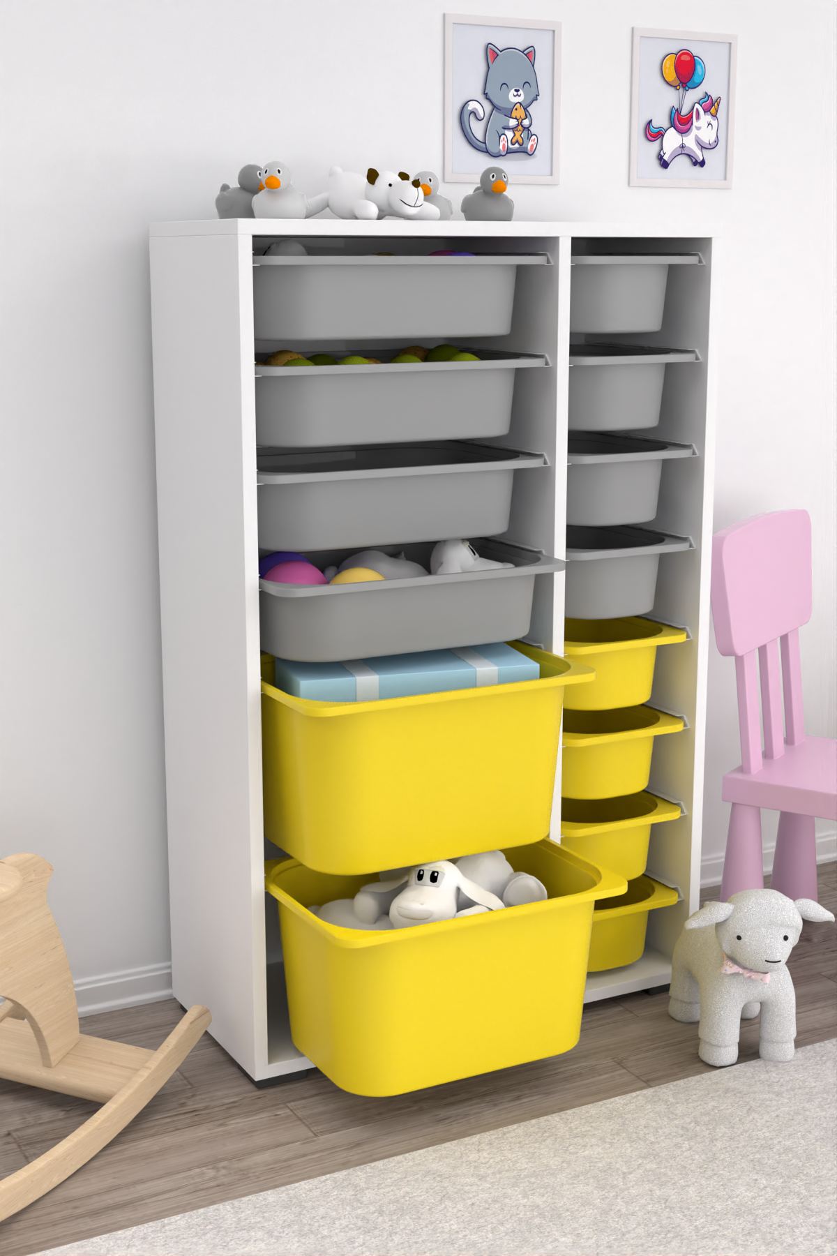 Armário Multiuso – 69,5cm x 109cm x 30cm – Branco, Cinza, Amarelo – MDF