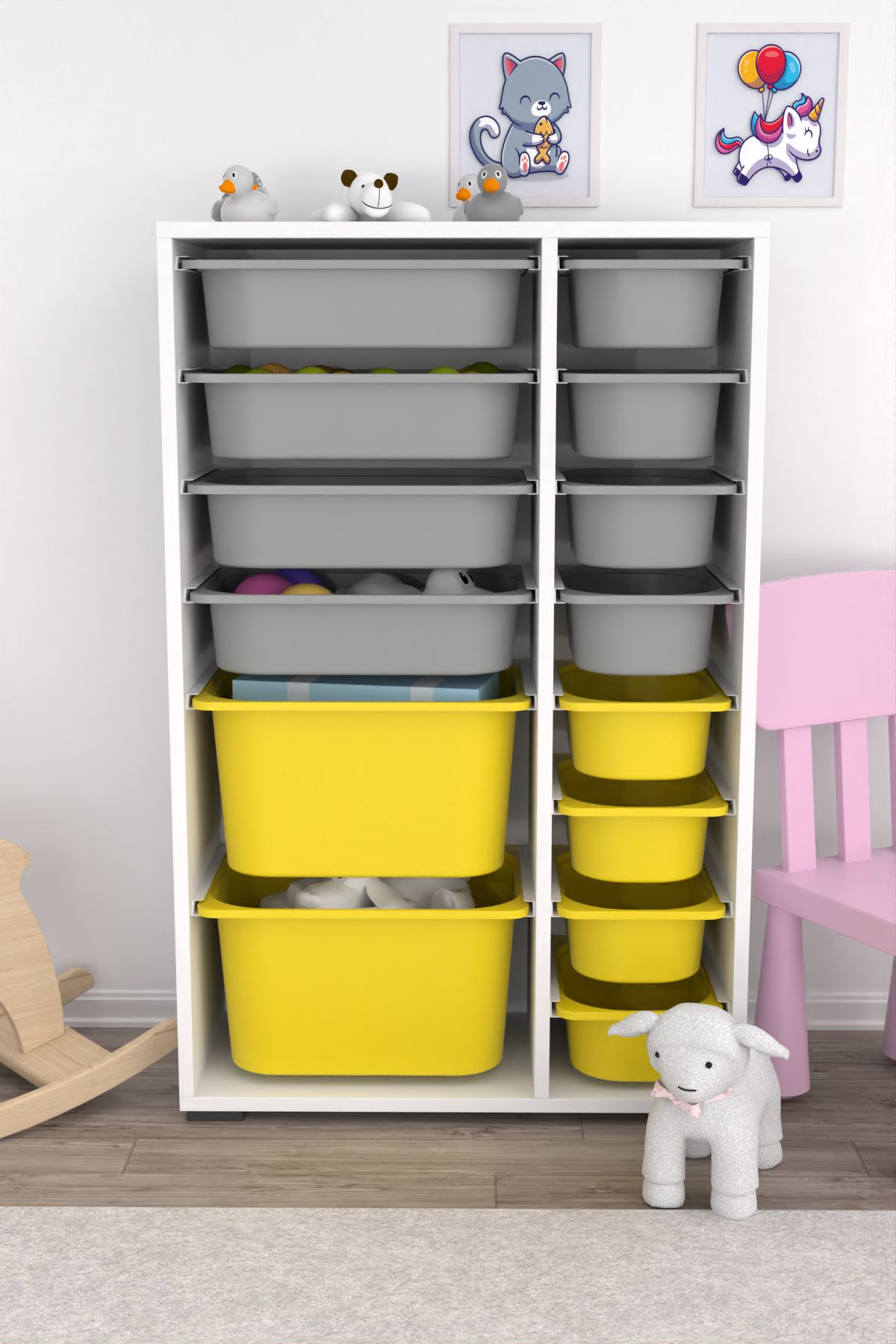 Armário Multiuso – 69,5cm x 109cm x 30cm – Branco, Cinza, Amarelo – MDF